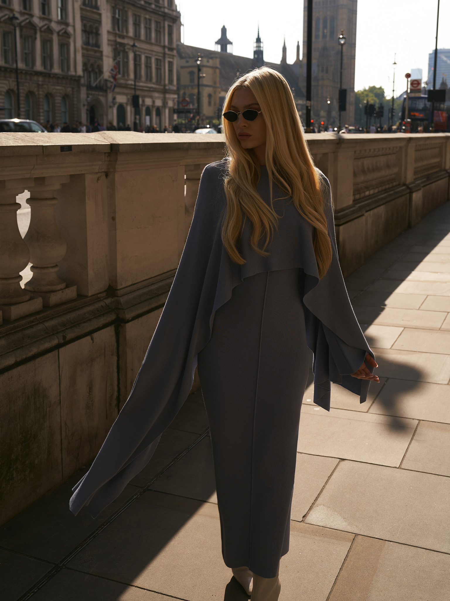 Viscose knitted maxi dress with long shoulder cape