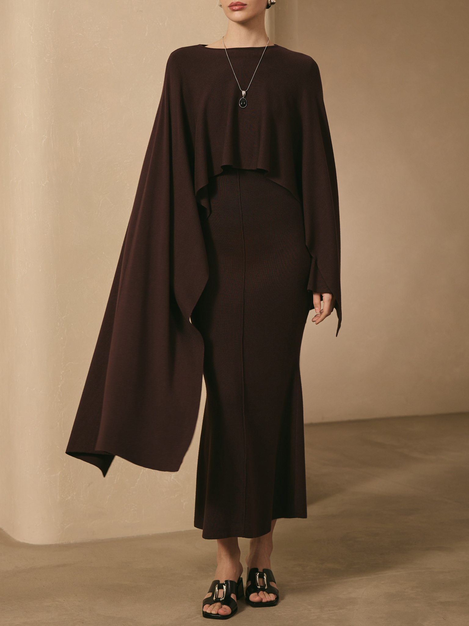 Viscose knitted maxi dress with long shoulder cape