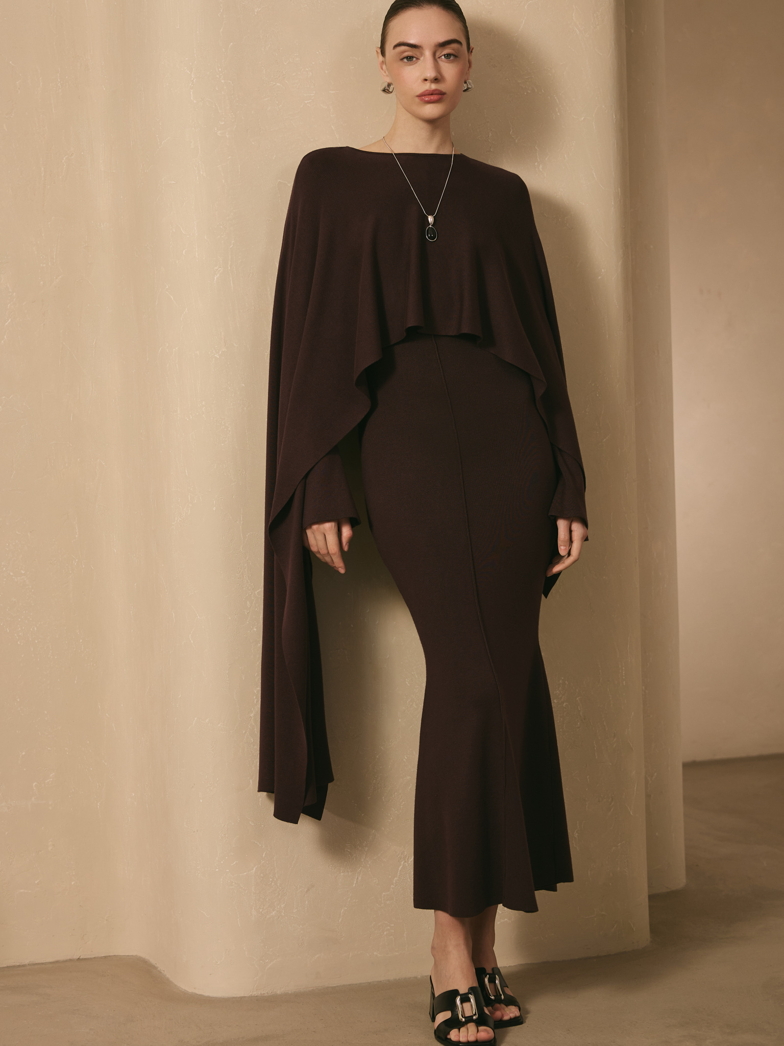 Viscose knitted maxi dress with long shoulder cape