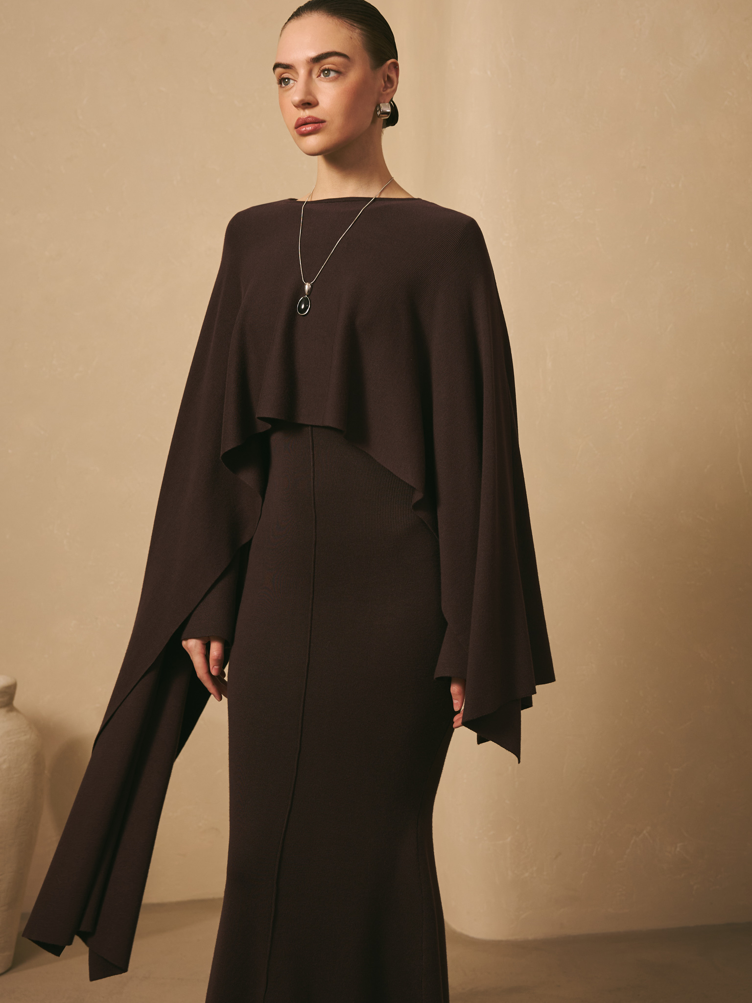 Viscose knitted maxi dress with long shoulder cape