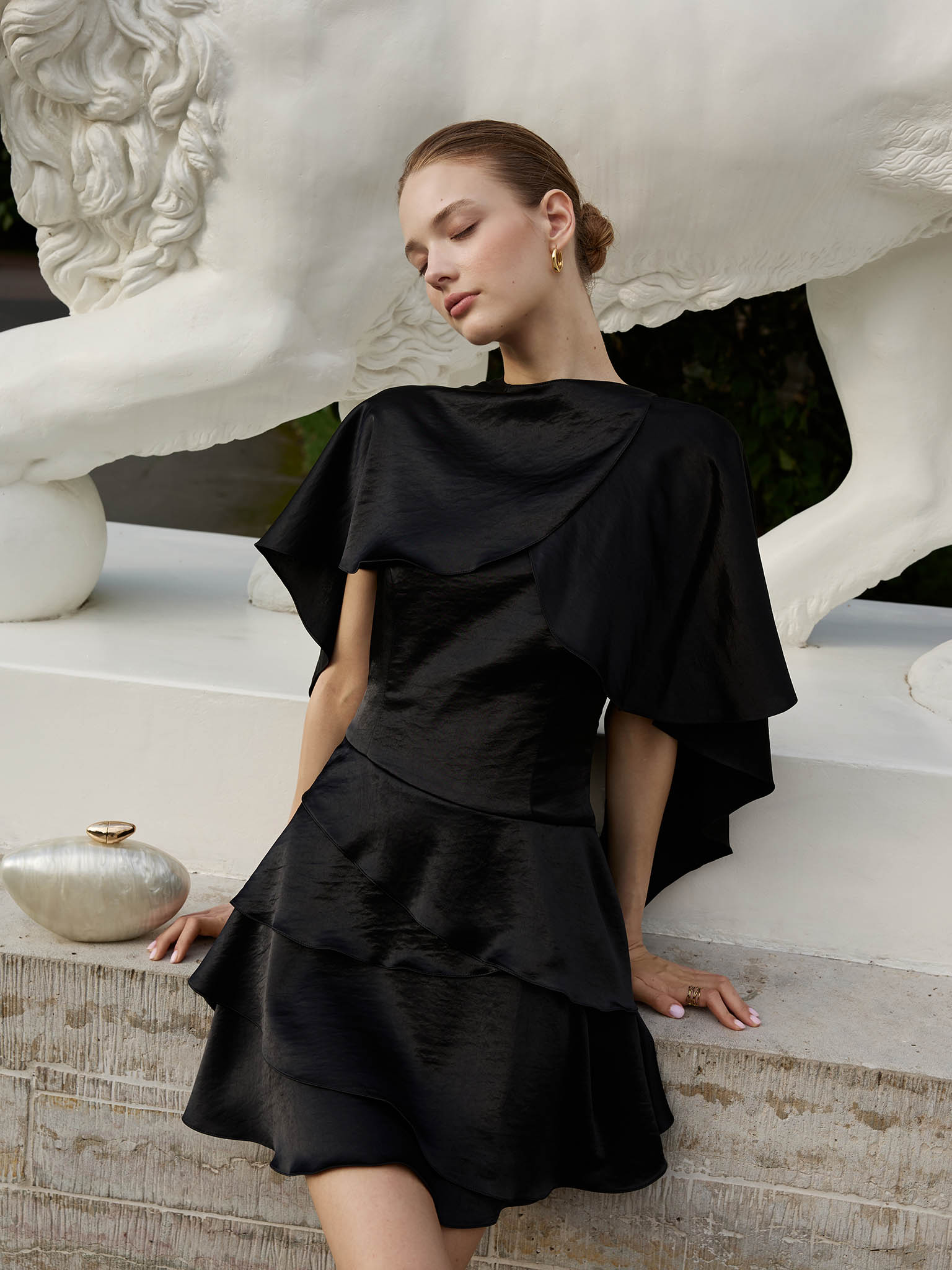 black mini dress with cape BLACK CAPE MINI DRESS – PETITE-THE-BRAND main image 0