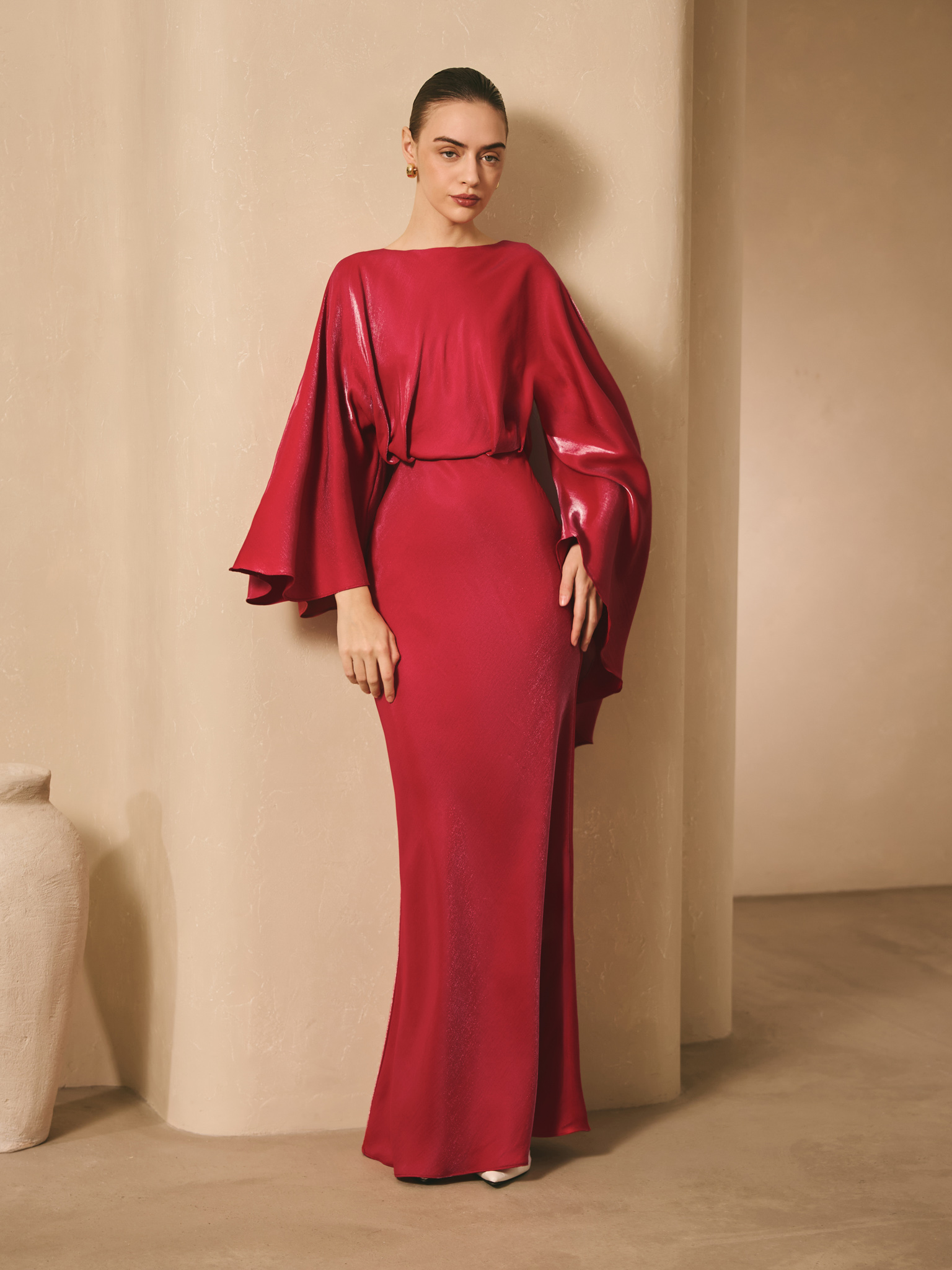 Satin maxi dress with puff sleeves