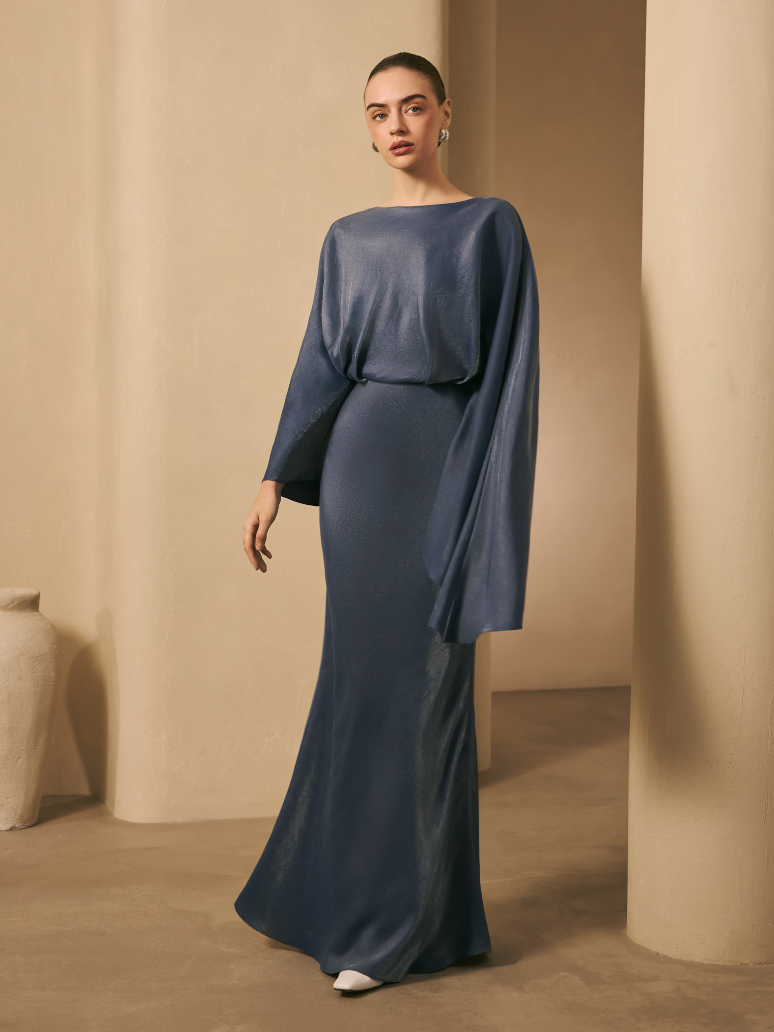 Satin maxi dress with puff sleeves