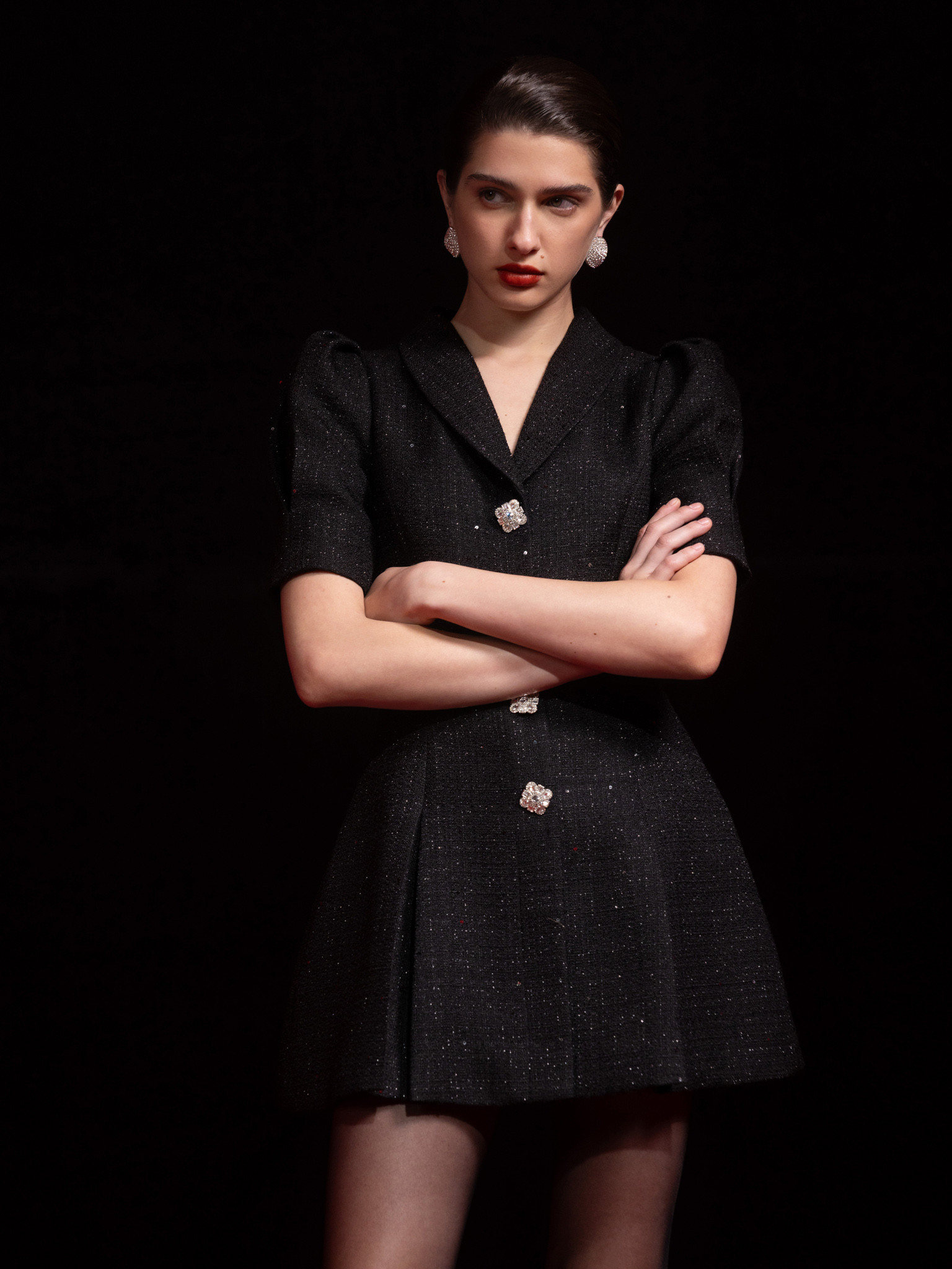 Tweed mini dress with accent buttons