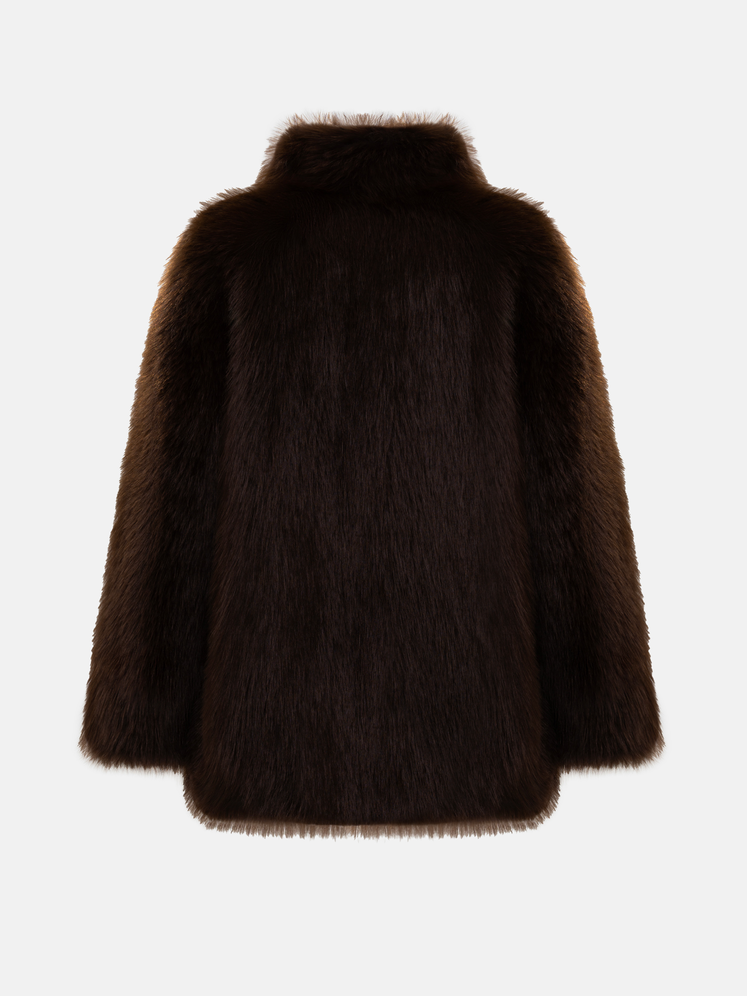 Short loose-fitting eco-fur coat with stand-up collar