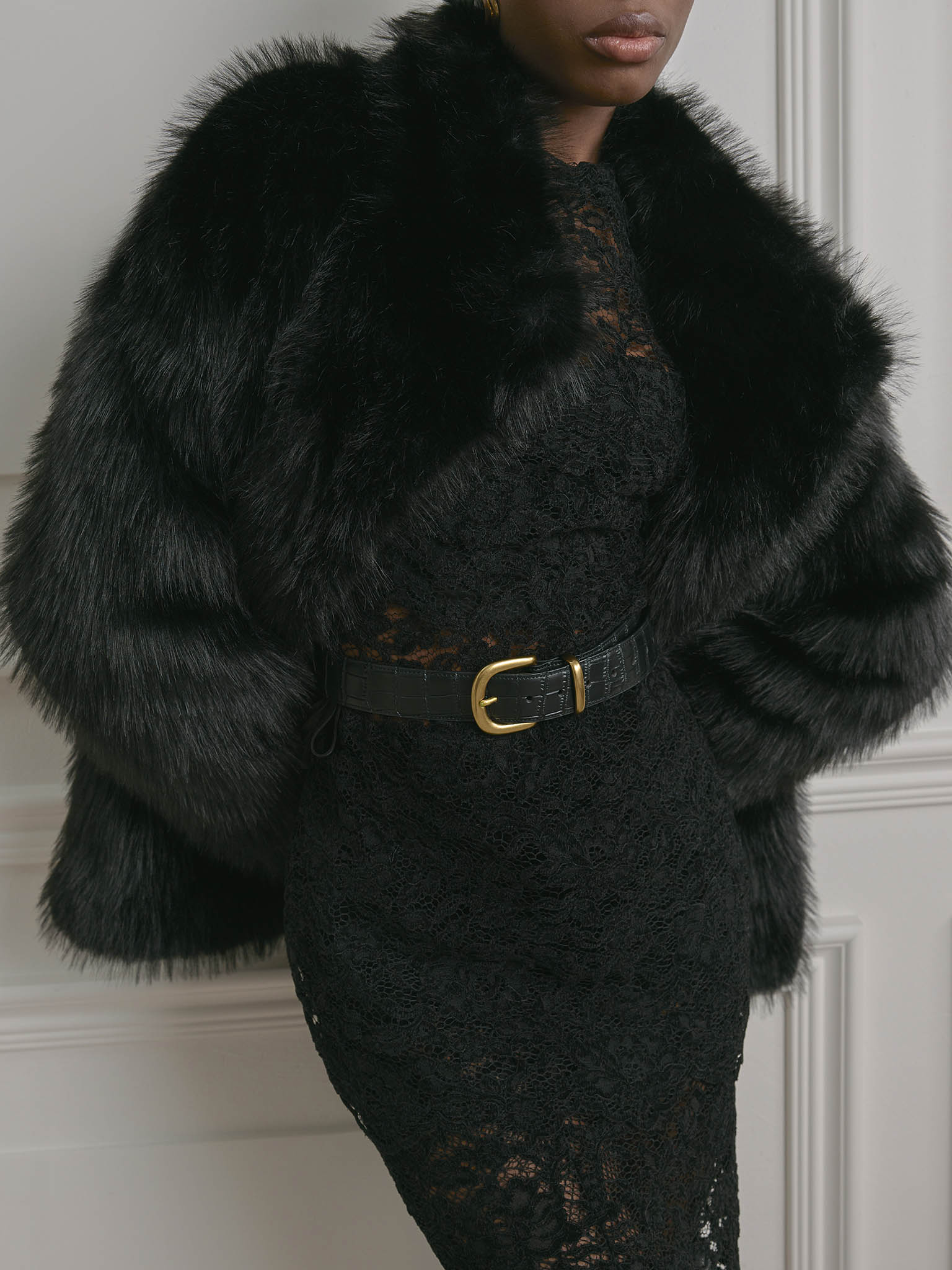 Short loose-fitting eco-fur coat with stand-up collar