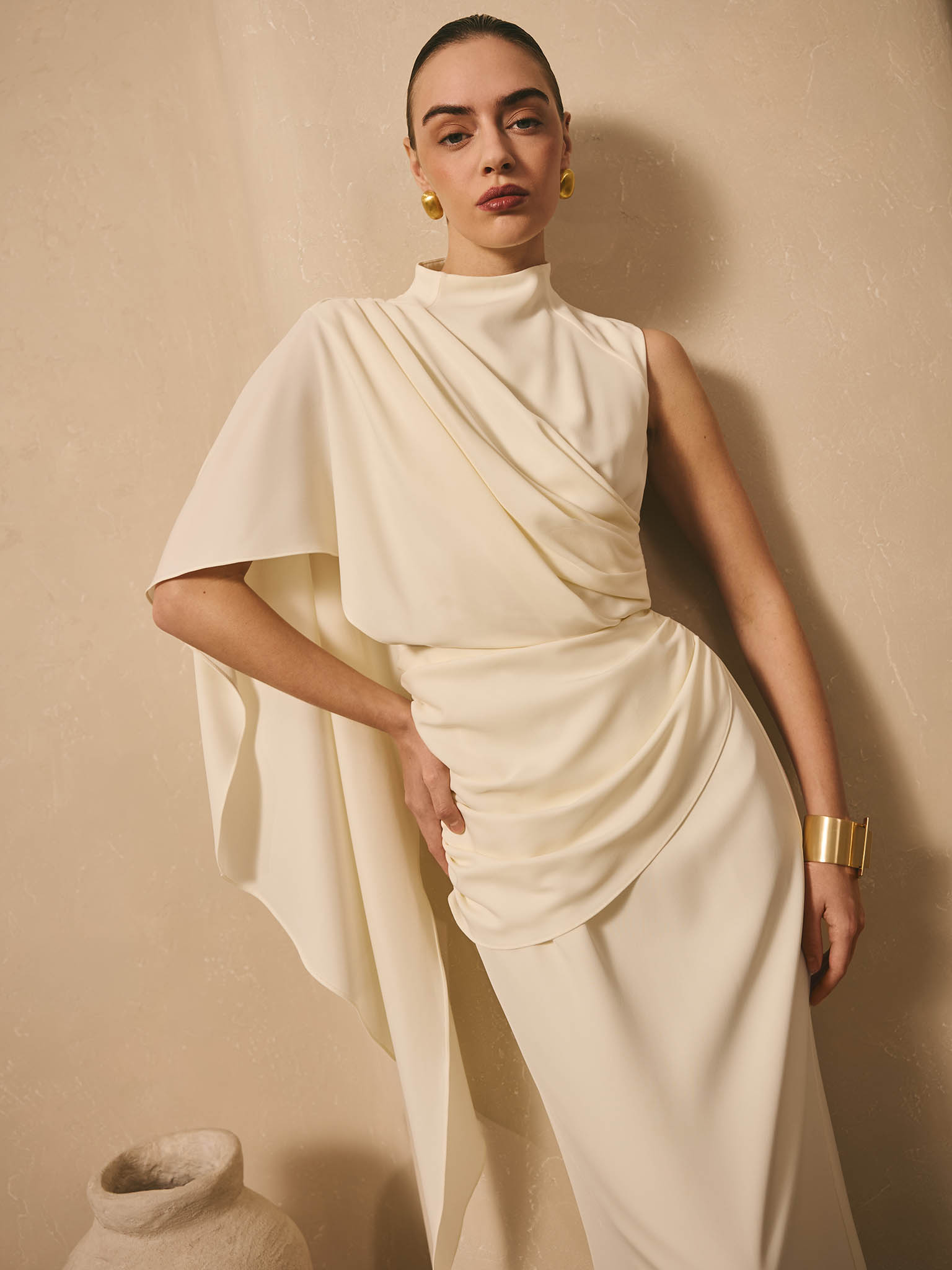 Maxi dress with one-shoulder draping