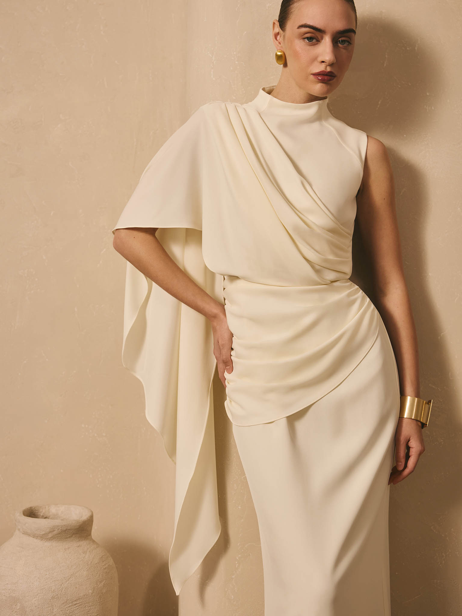 Maxi dress with one-shoulder draping
