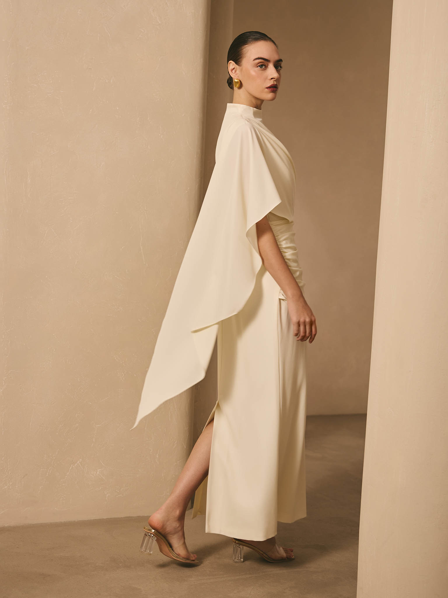 Maxi dress with one-shoulder draping