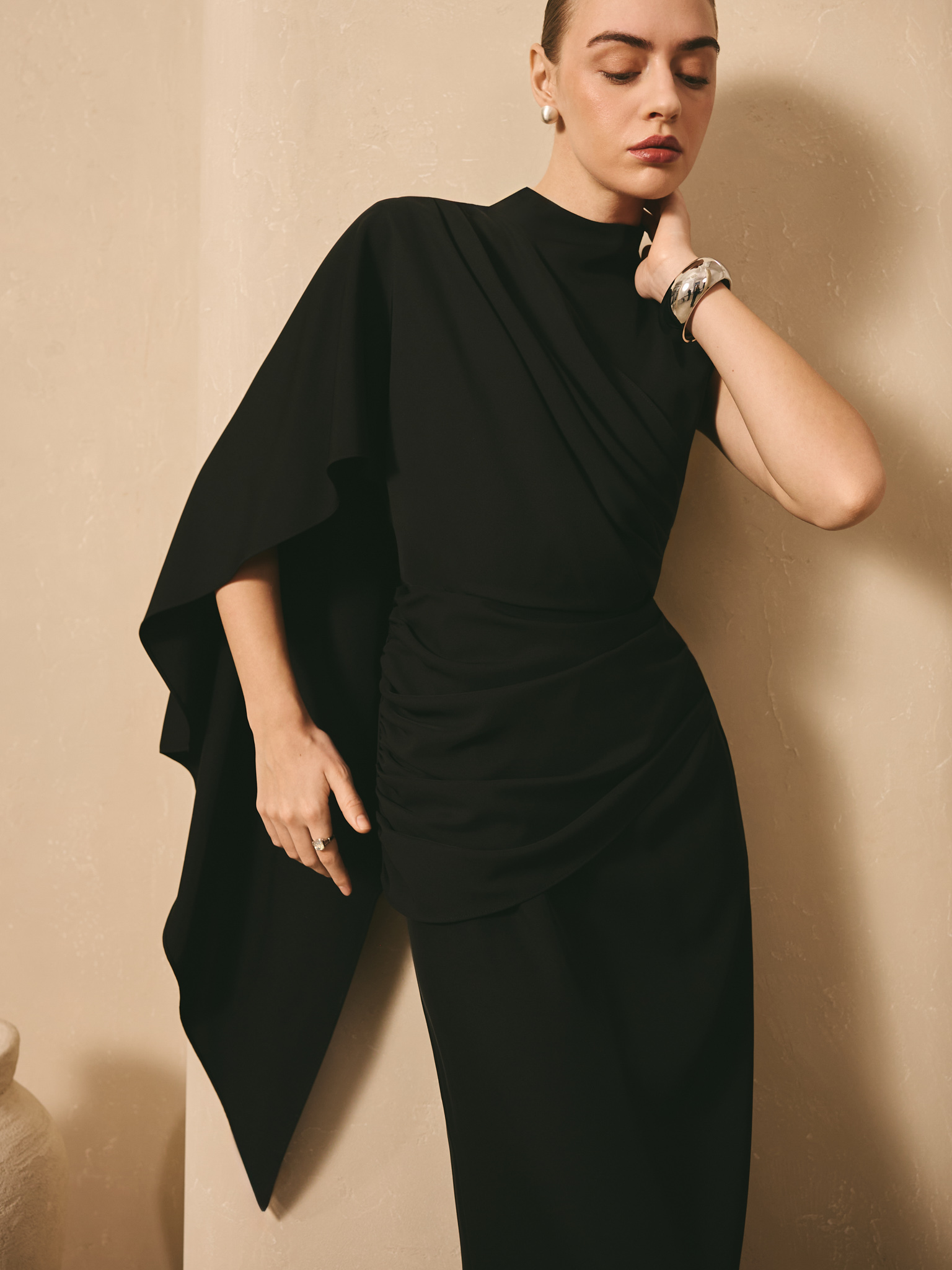 Maxi dress with one-shoulder draping