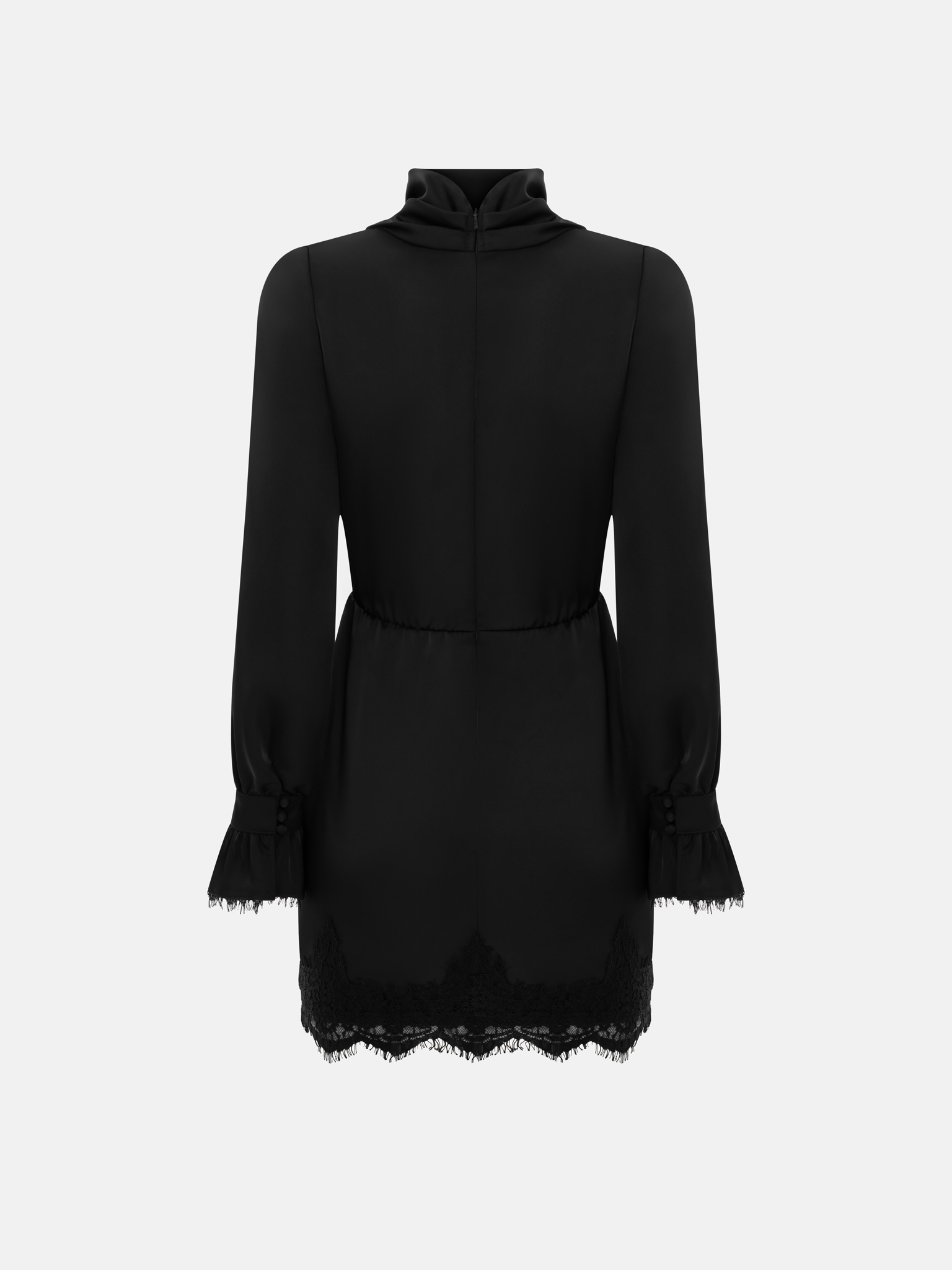 Satin mini dress with draping on the bodice and lace