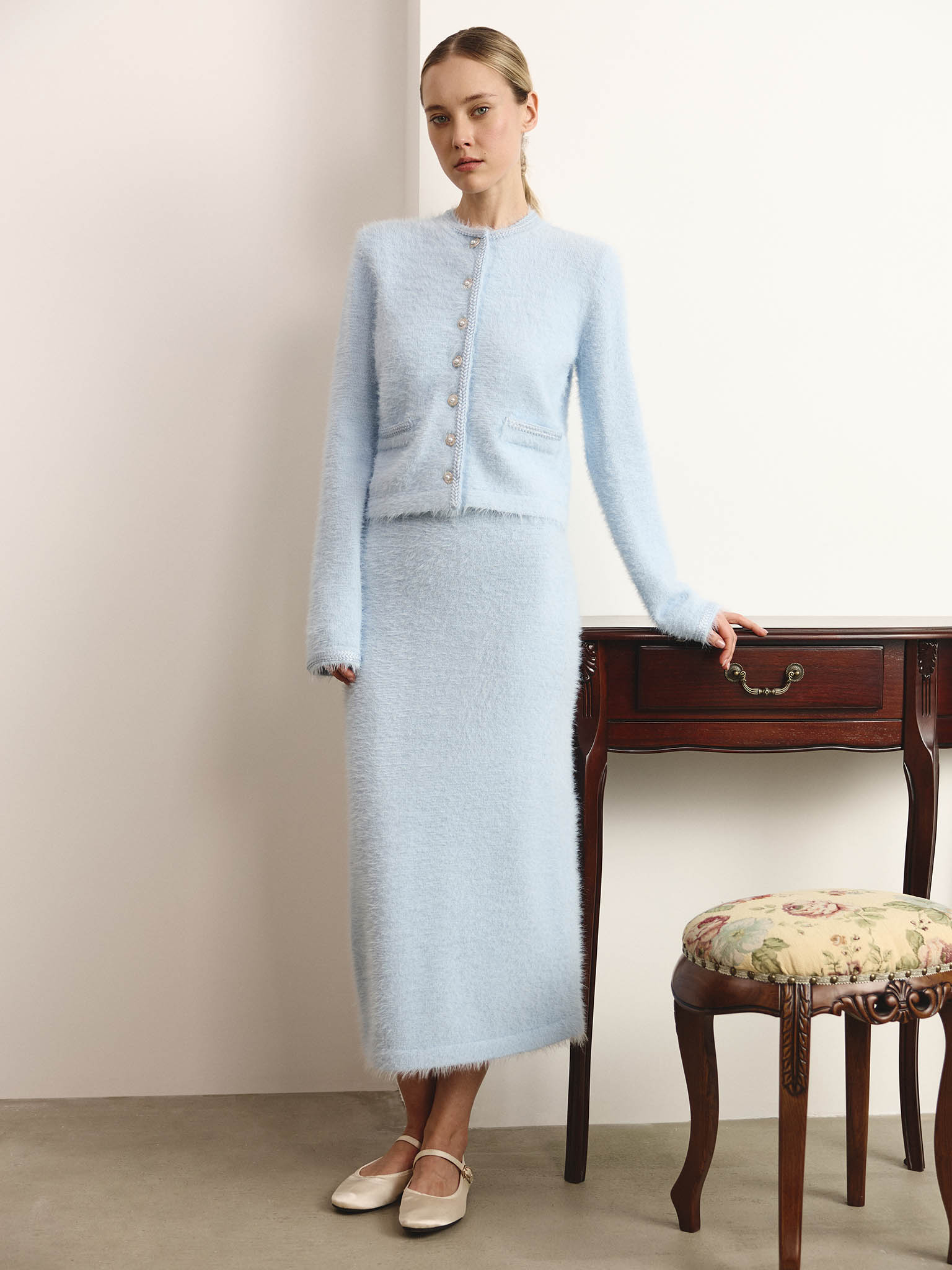 Jersey midi skirt with fluffy pile