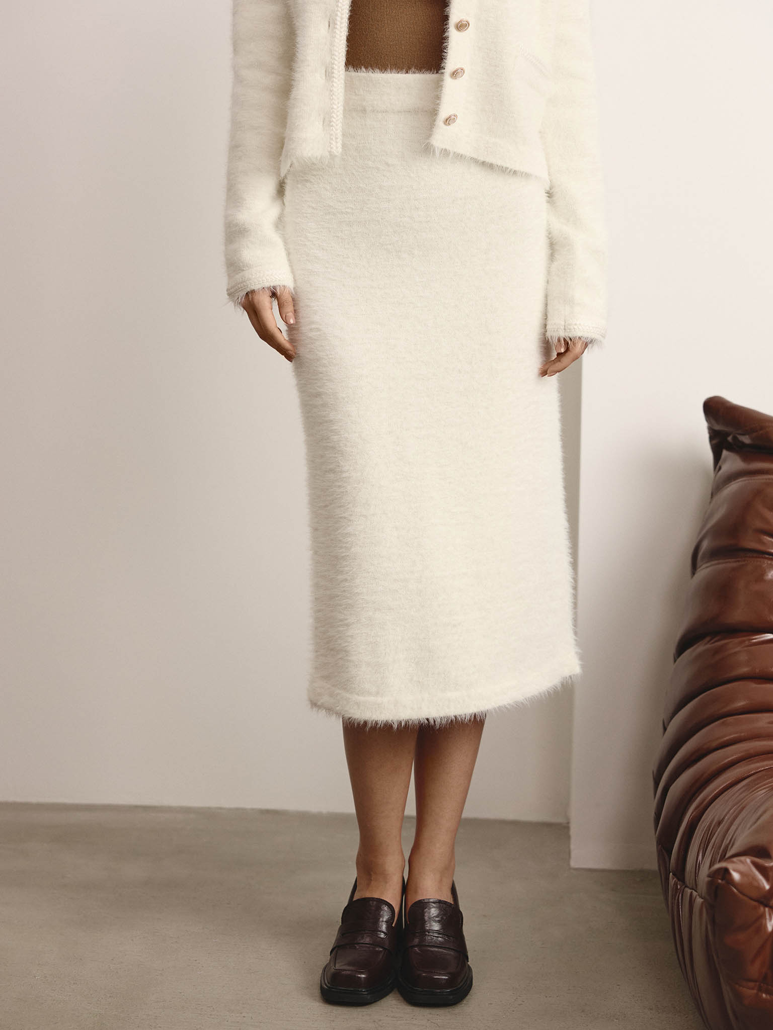 Jersey midi skirt with fluffy pile