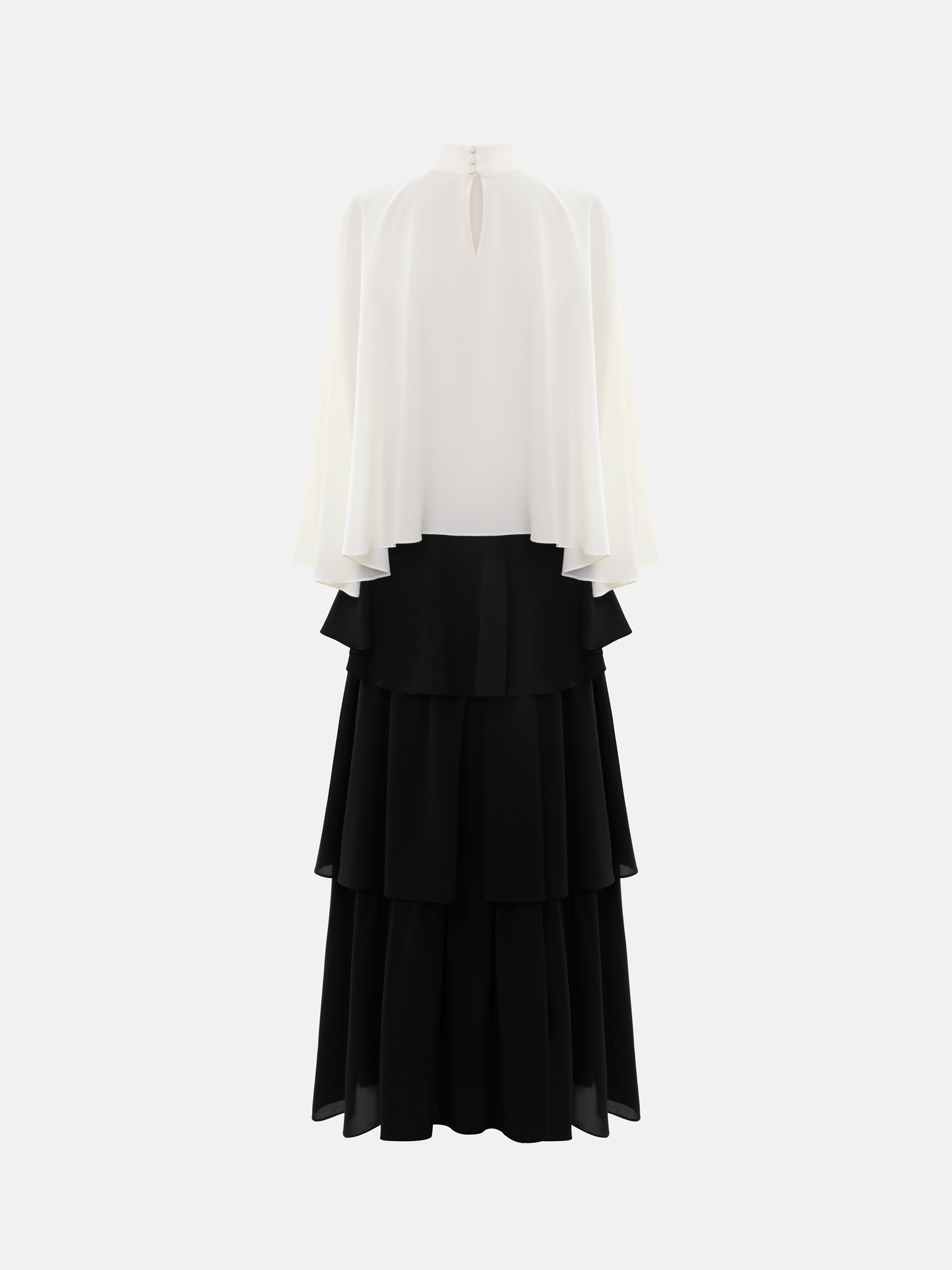 Maxi dress with contrasting cape and tiered skirt