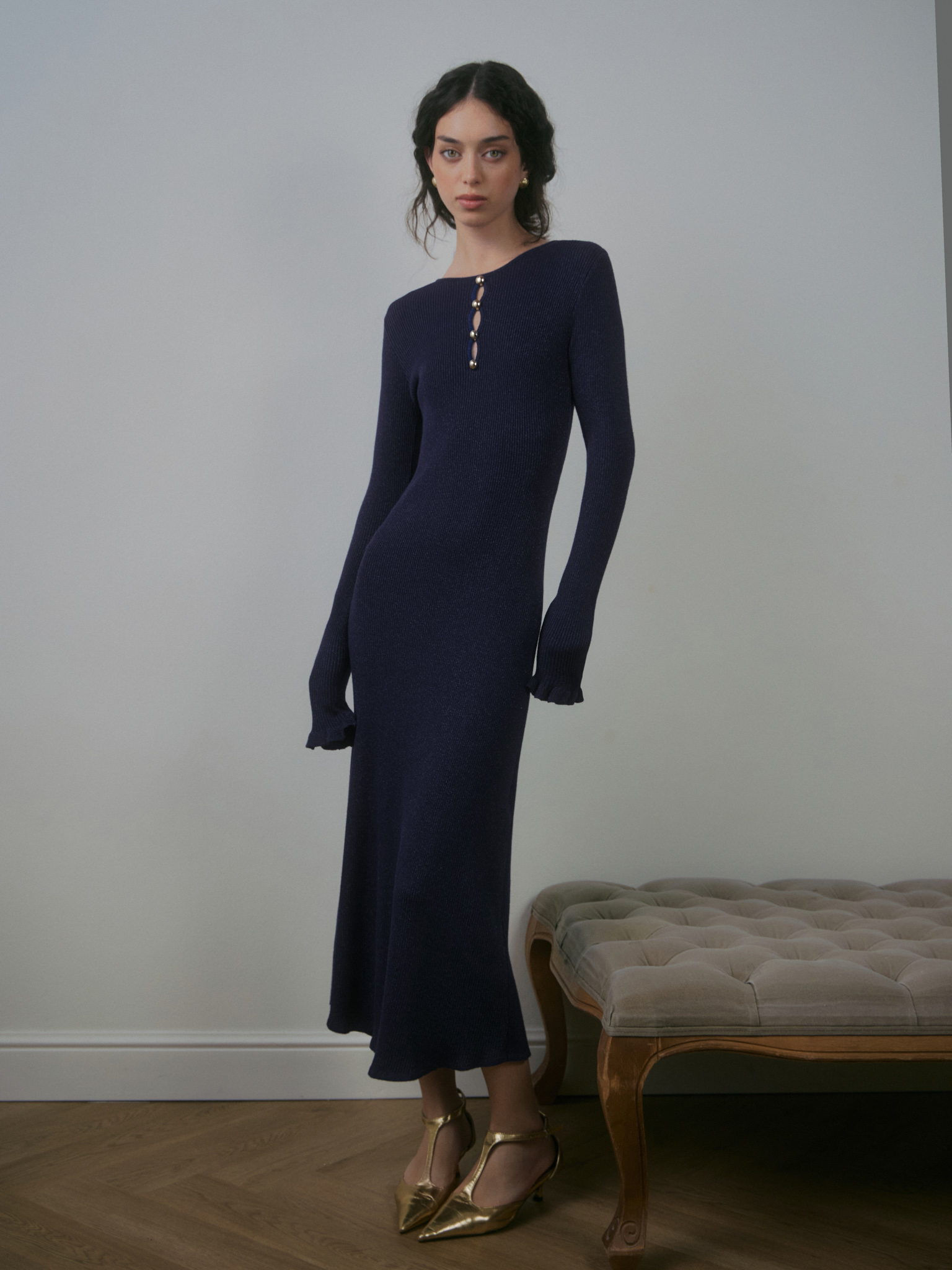 Viscose midi dress with a metallic sheen