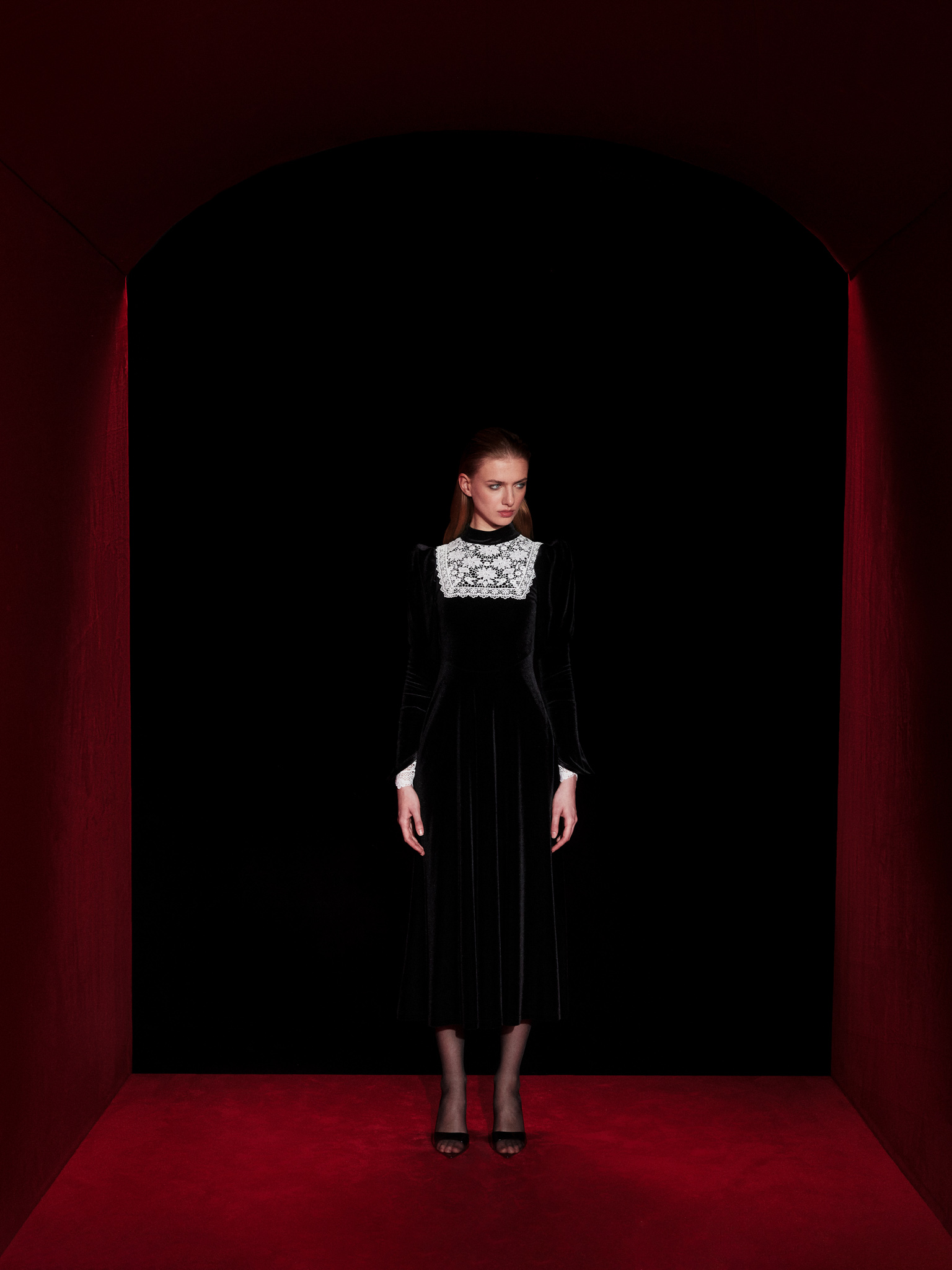 Velvet midi dress with contrasting openwork inserts