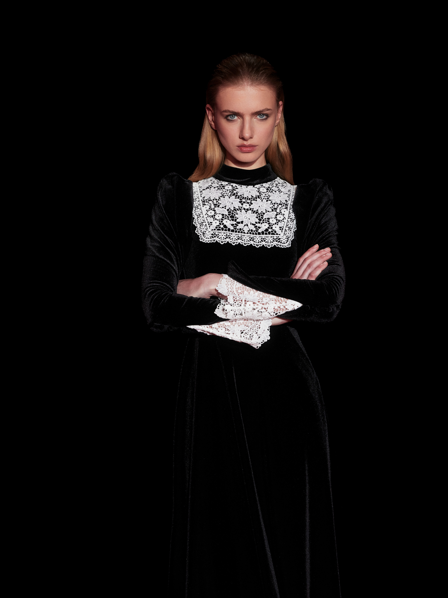Velvet midi dress with contrasting openwork inserts