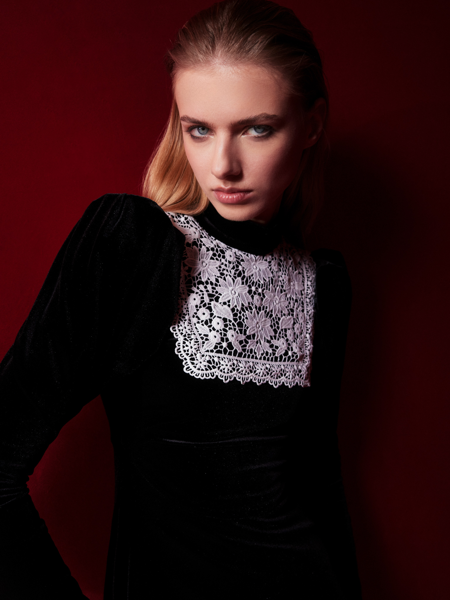 Velvet midi dress with contrasting openwork inserts