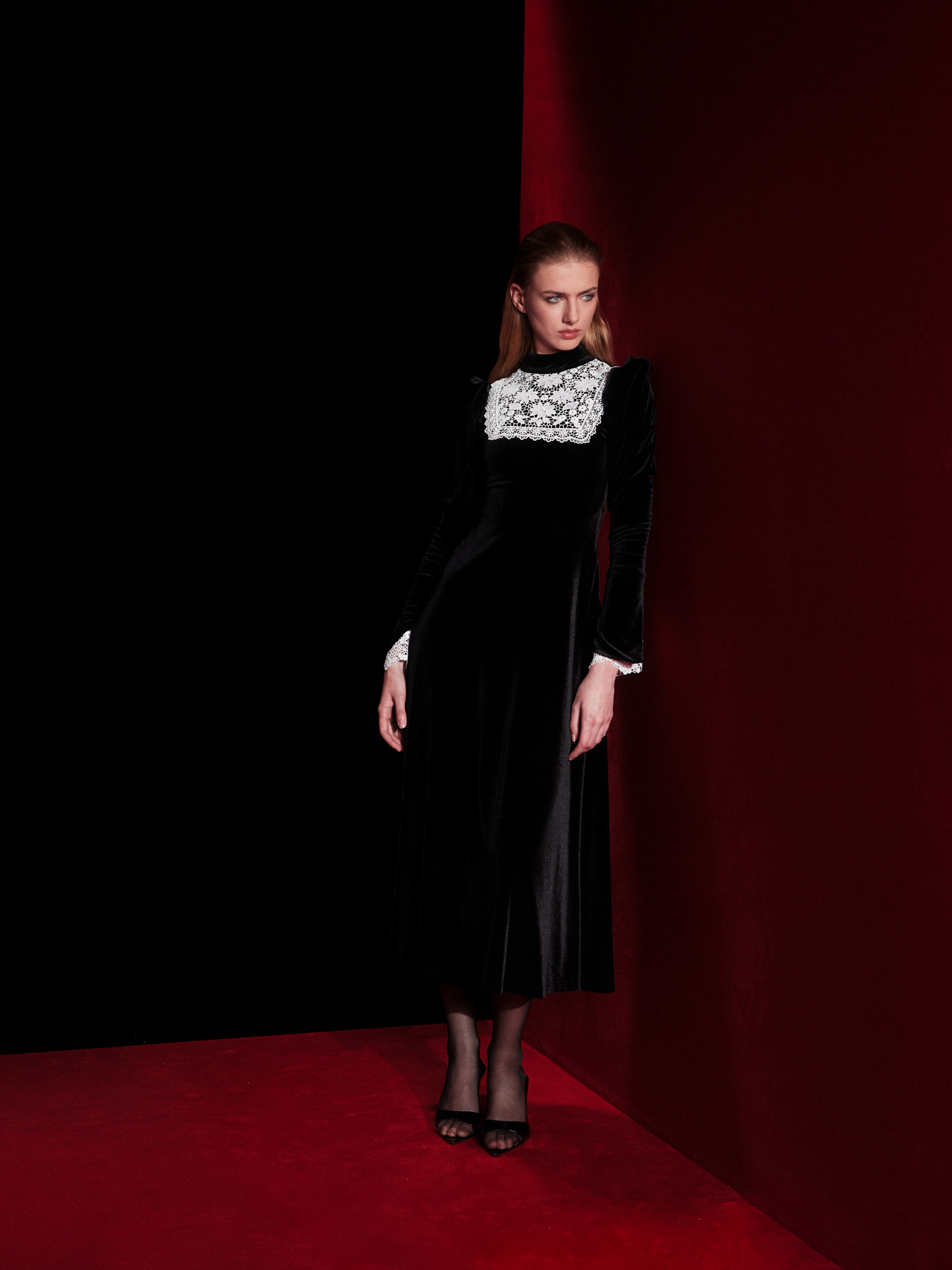 Velvet midi dress with contrasting openwork inserts