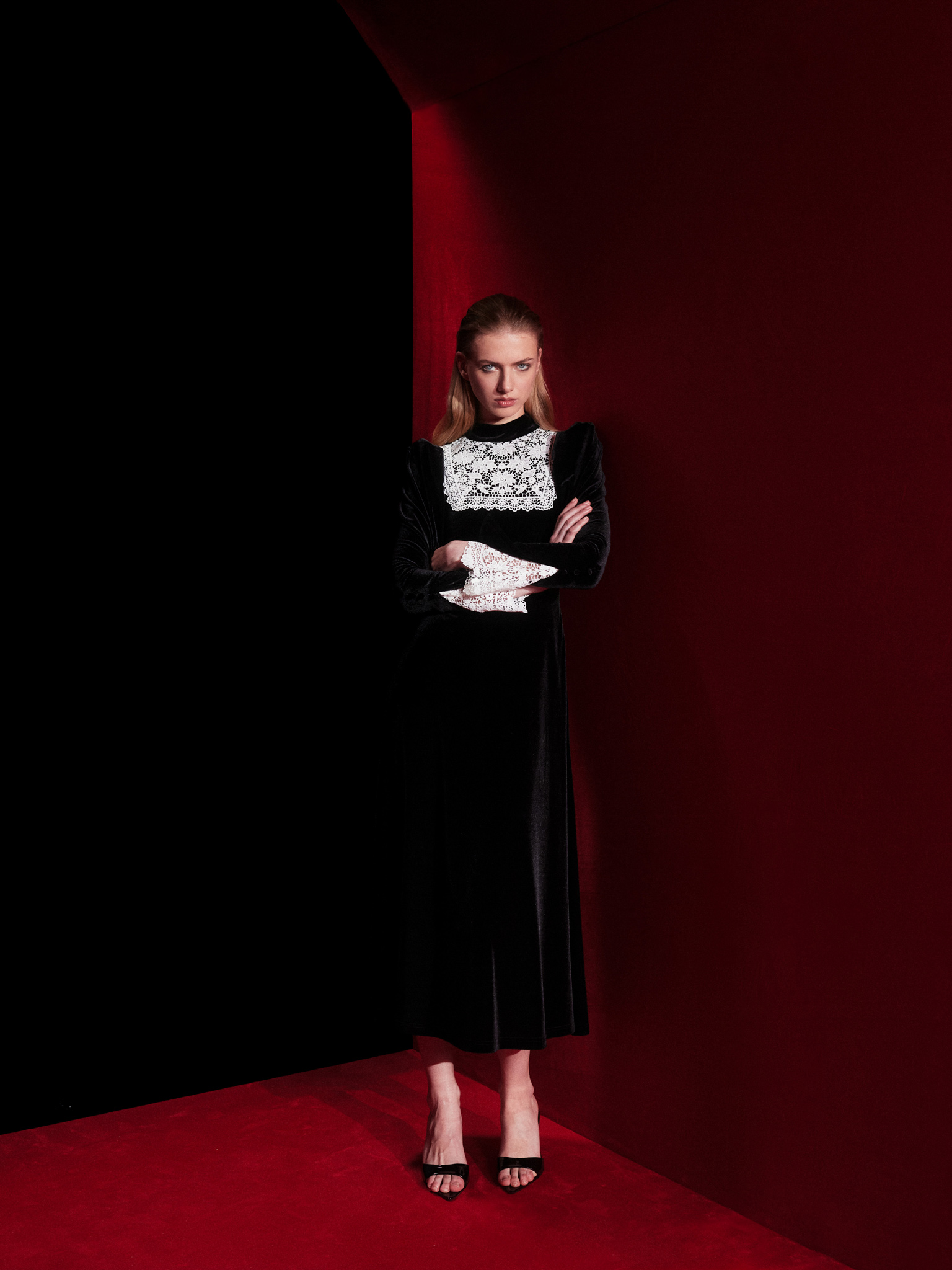 Velvet midi dress with contrasting openwork inserts