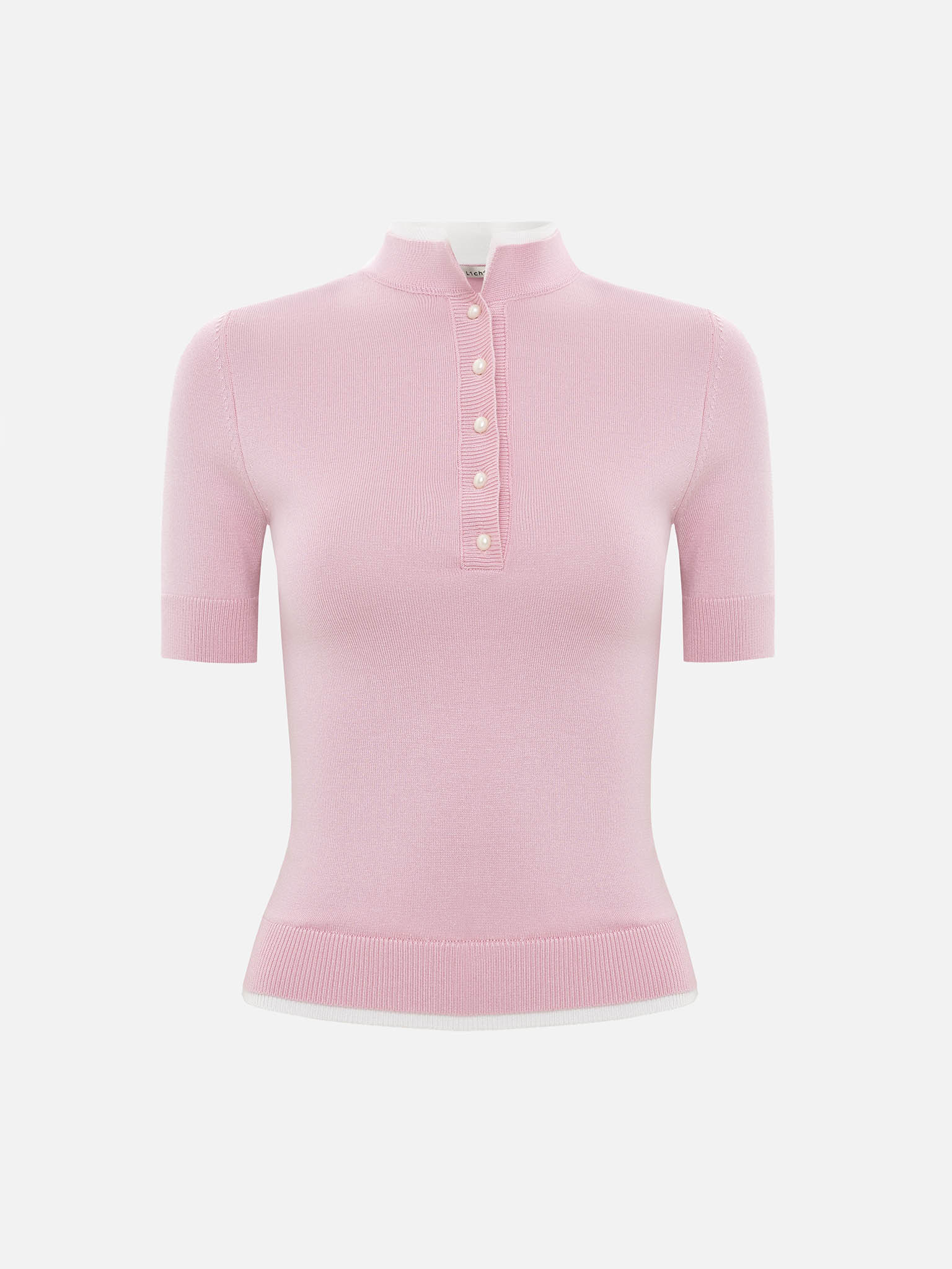 Knitted top with short sleeves and buttoned collar
