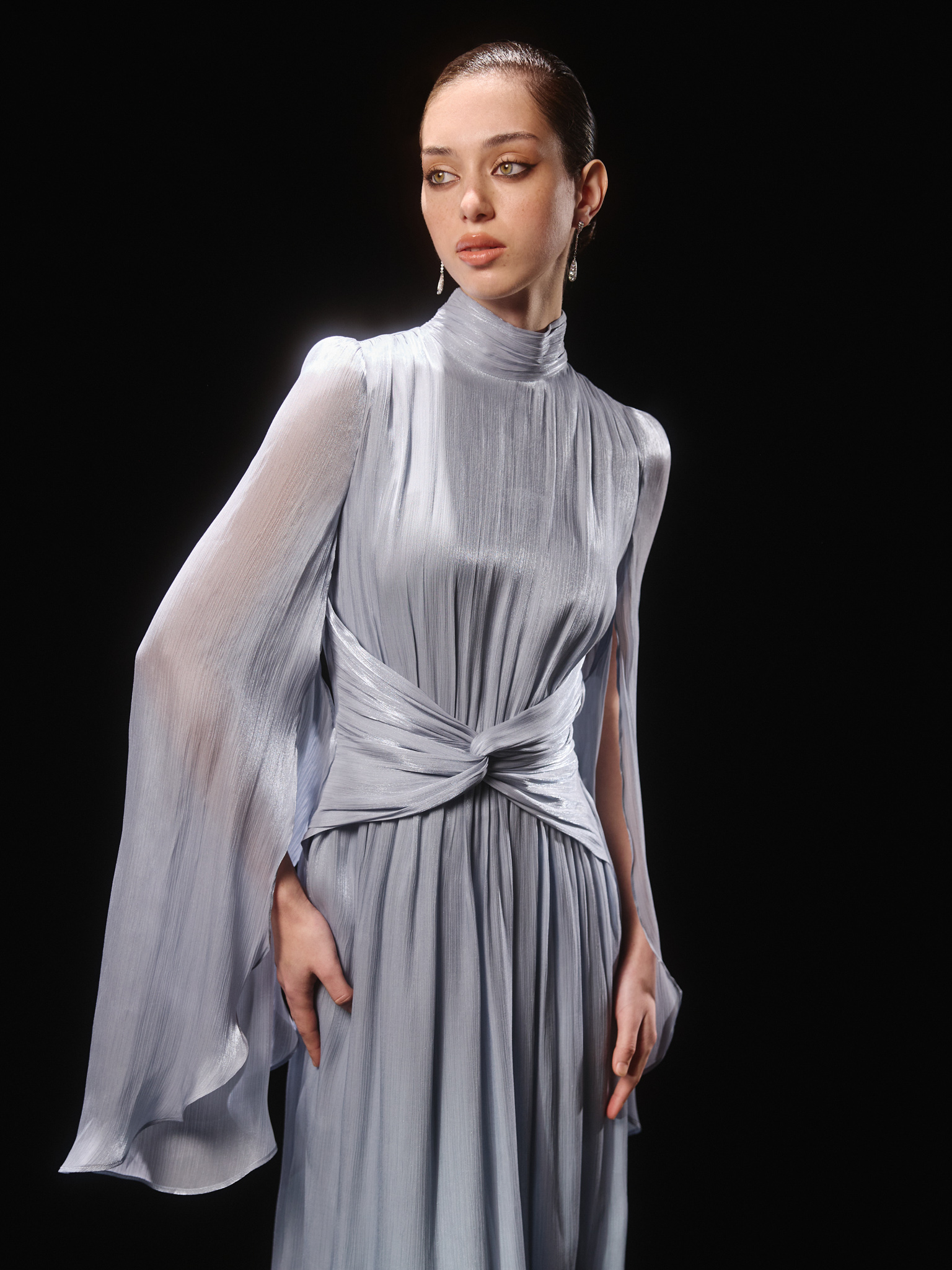 Metallic fabric maxi dress with light sleeves