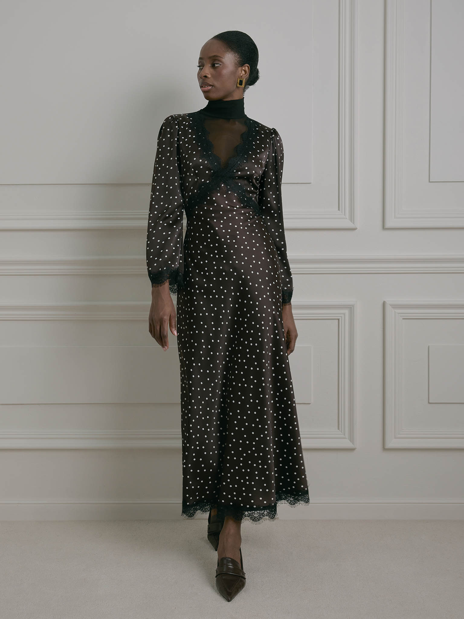 Polka dot midi dress with lace trim :: LICHI - Online fashion store