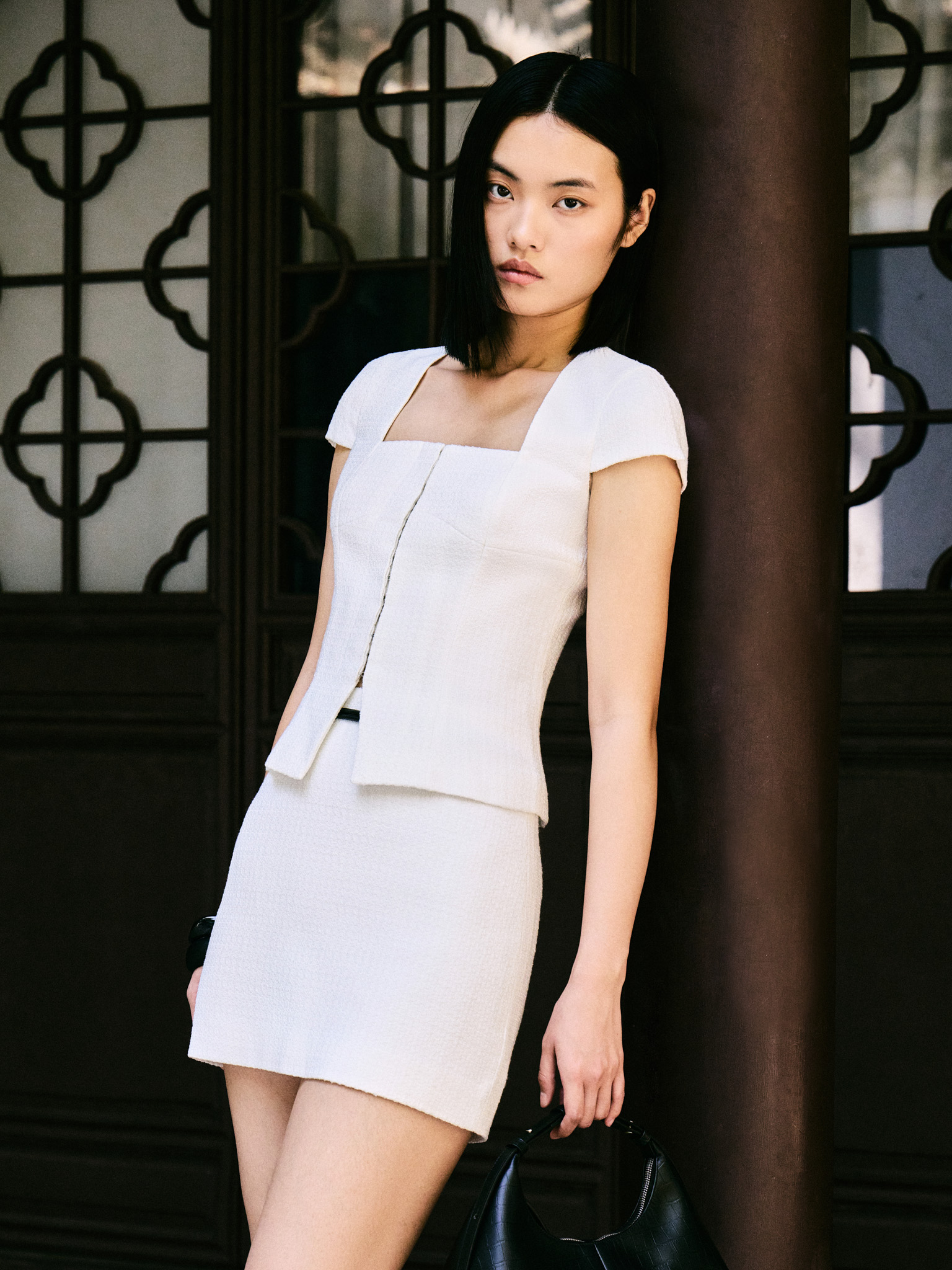 Straight-cut tweed mini skirt