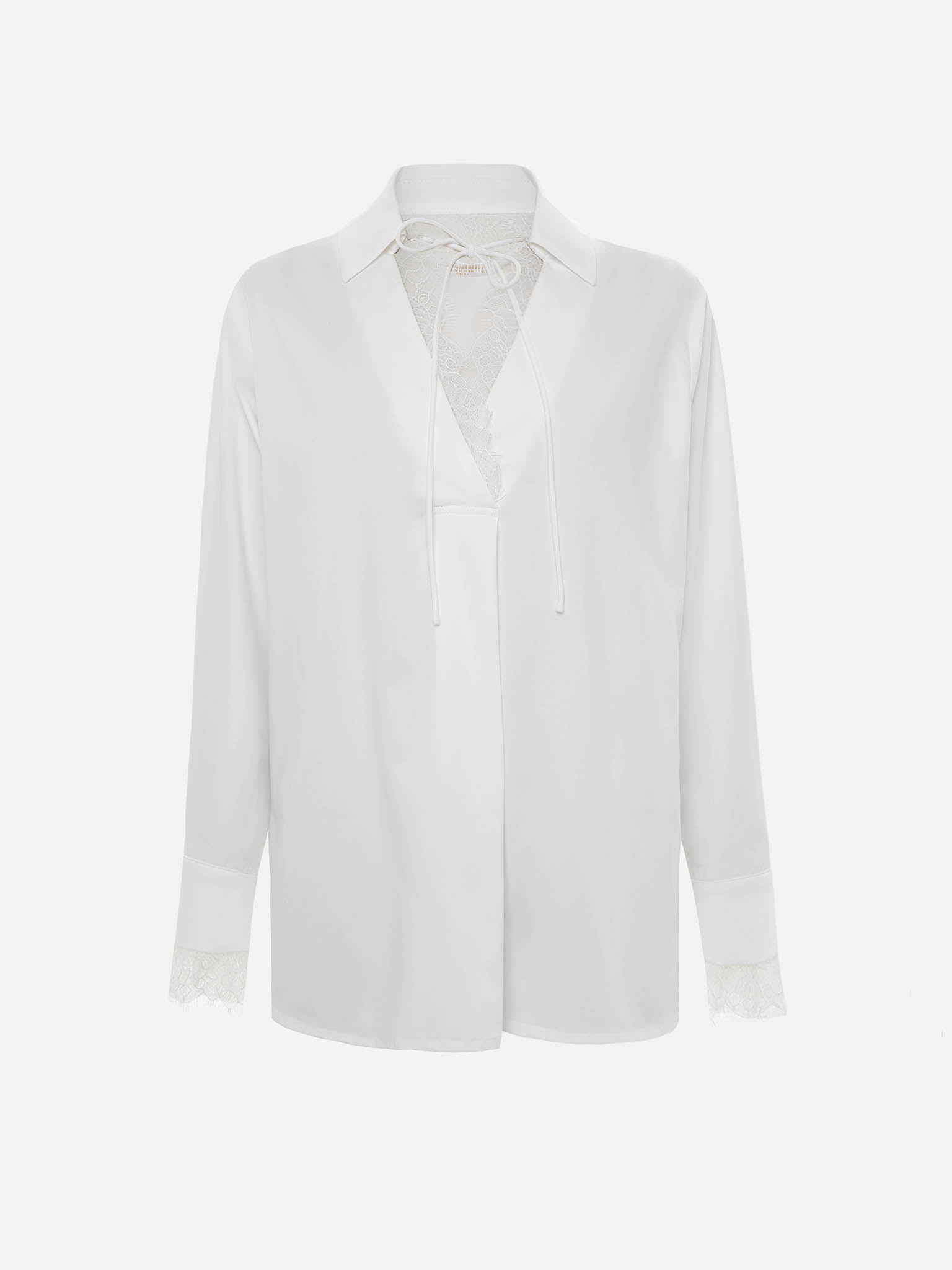 Blouse with lace trim and ties at the collar