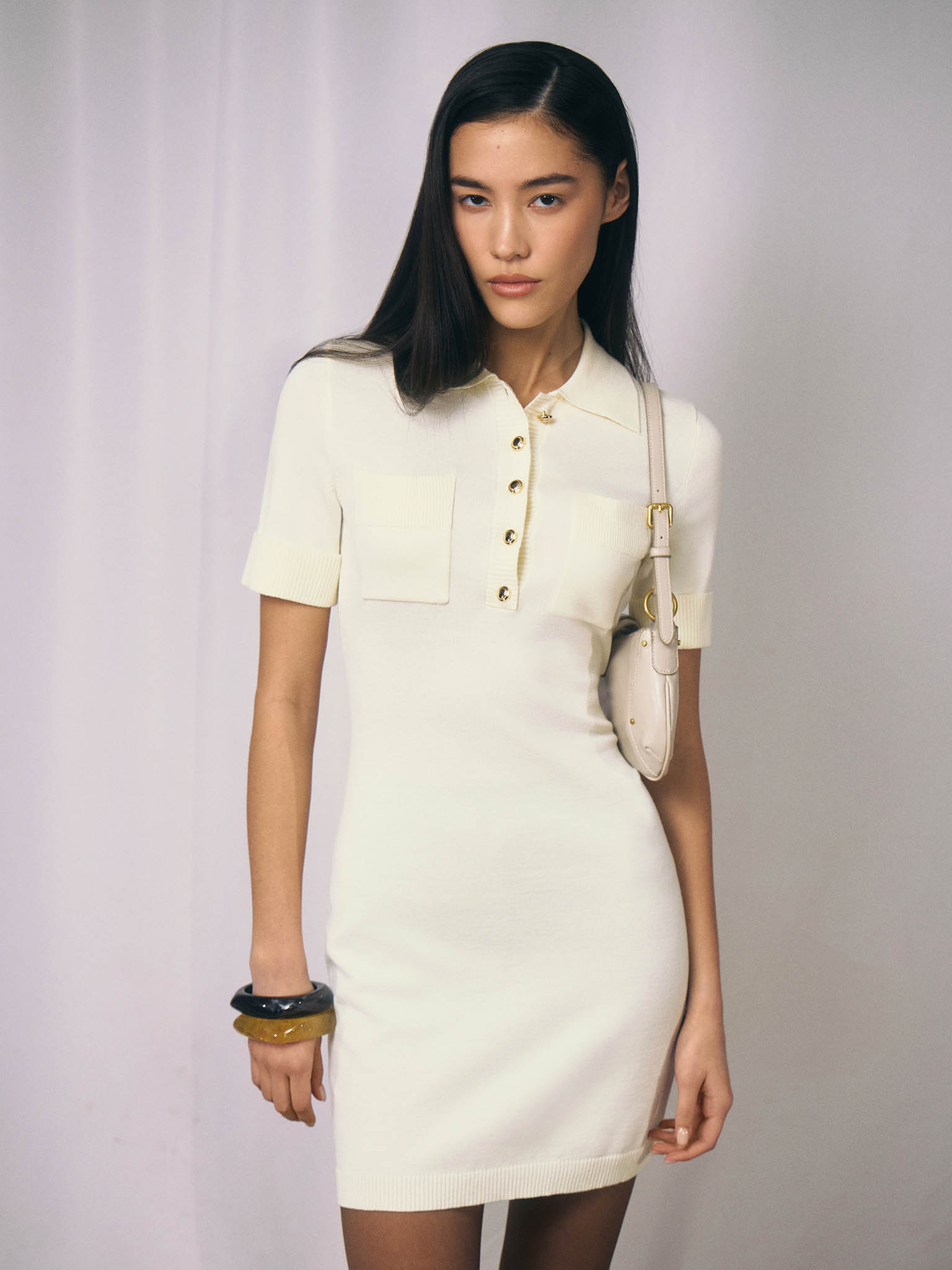 Knitted mini dress with triangular collar and ribbed details :: LICHI -  Online fashion store