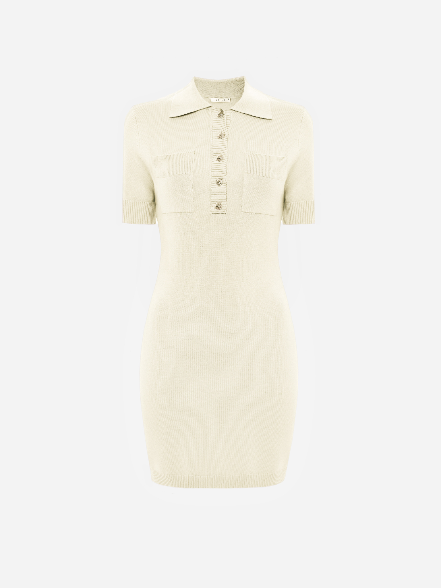 Knitted mini dress with triangular collar and ribbed details :: LICHI - Online fashion store Knitted mini dress with triangular collar and ribbed details :: LICHI - Online fashion store