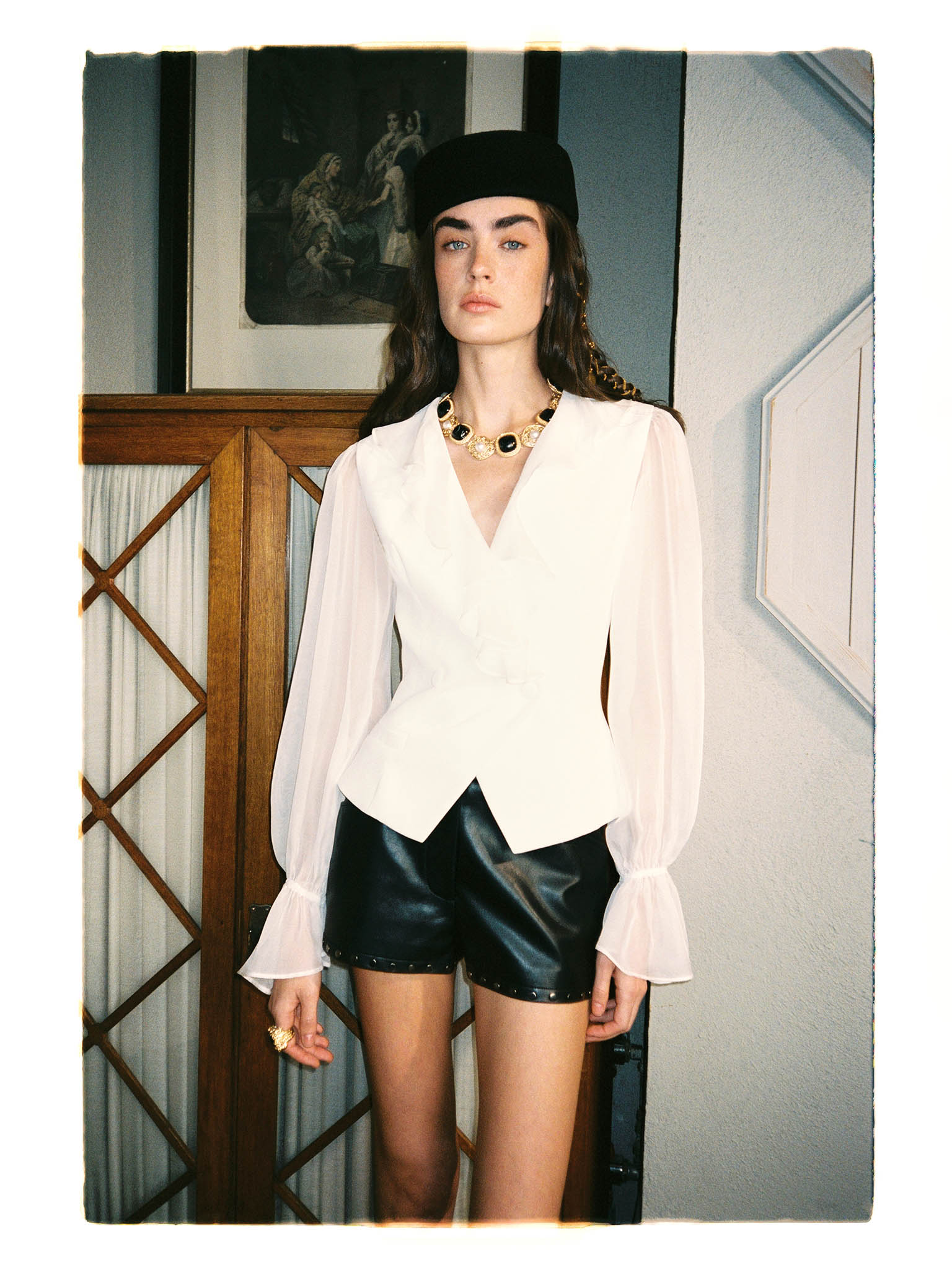 Wrap blouse with sheer sleeves