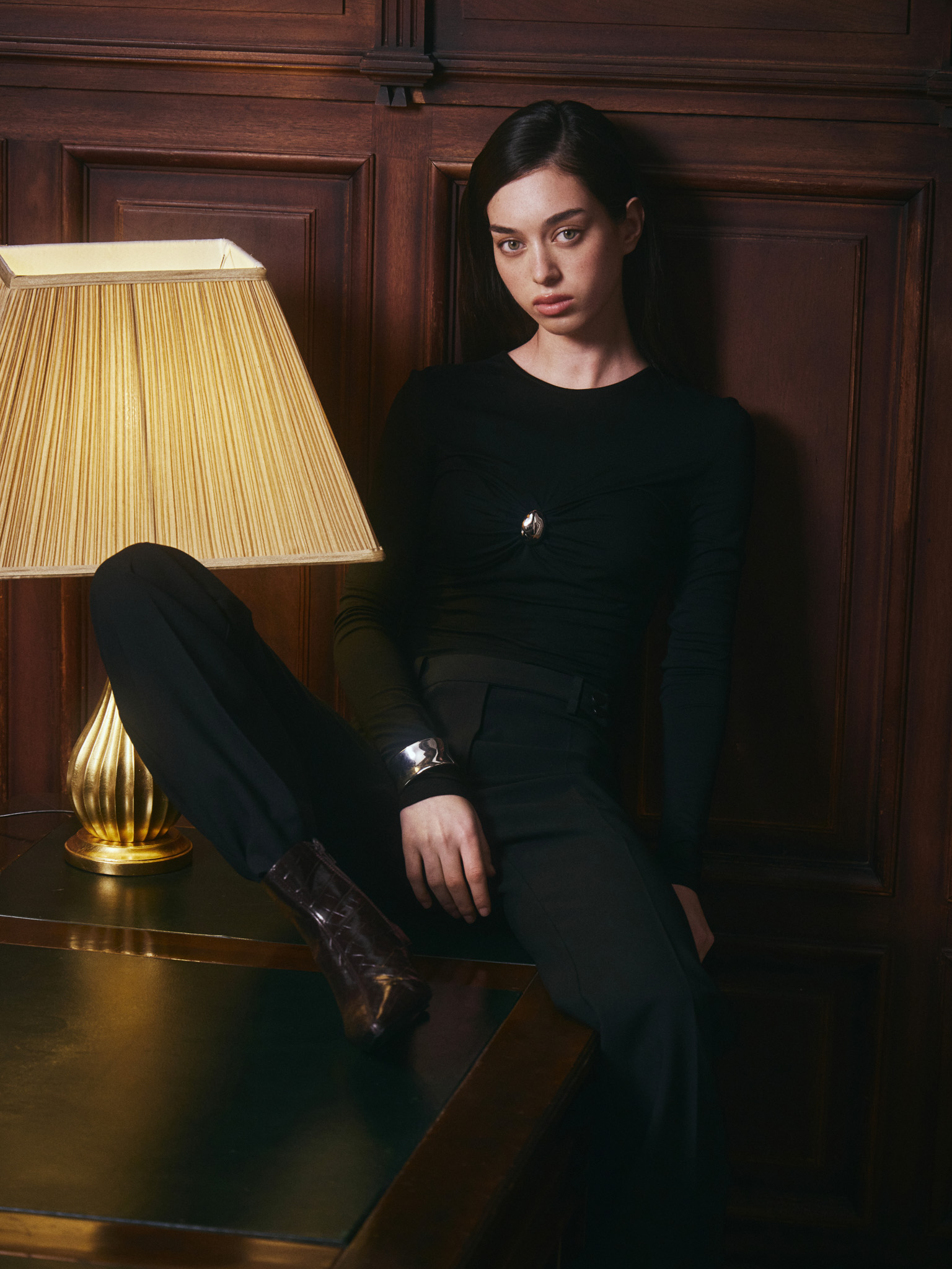 Viscose long sleeve top with metallic detailing on the chest