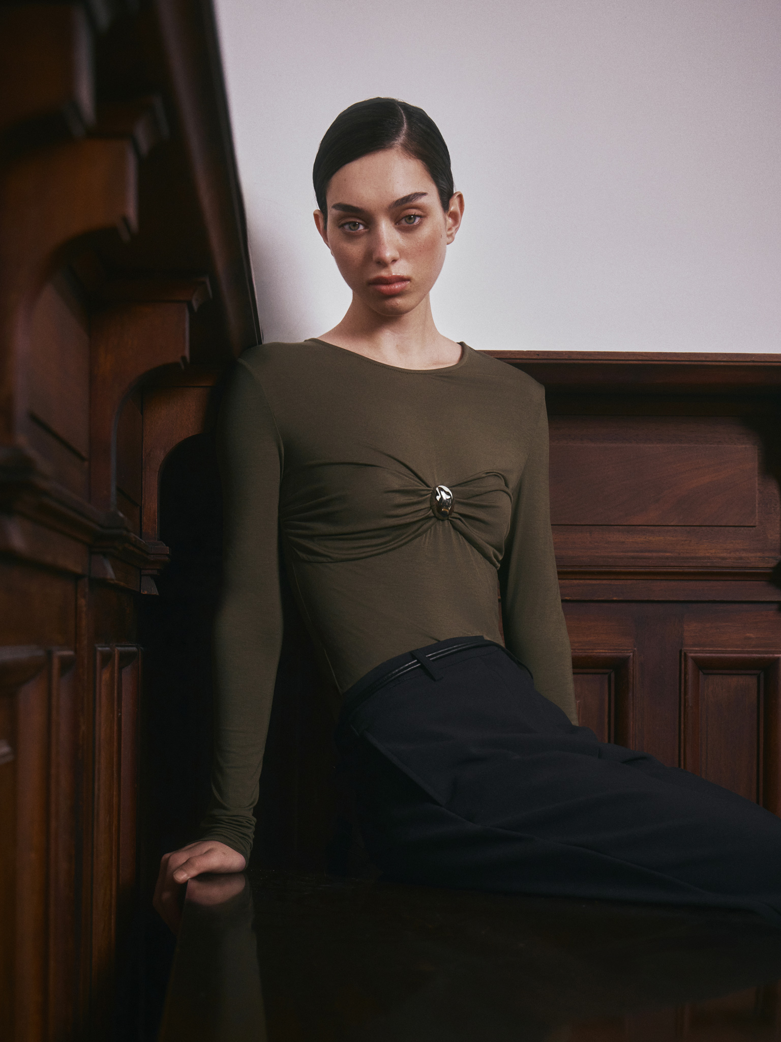 Viscose long sleeve top with metallic detailing on the chest