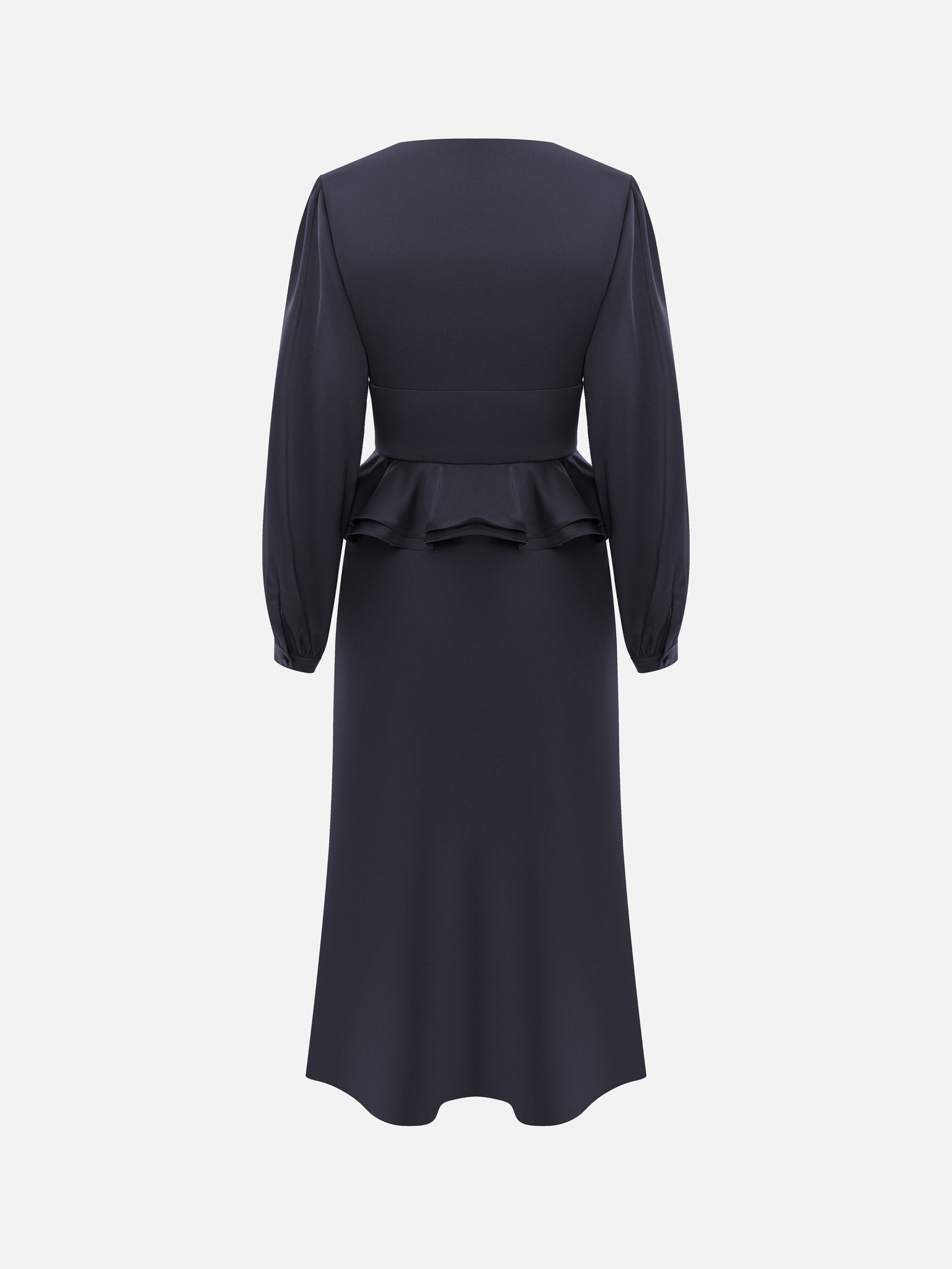 Satin midi dress with a voluminous peplum