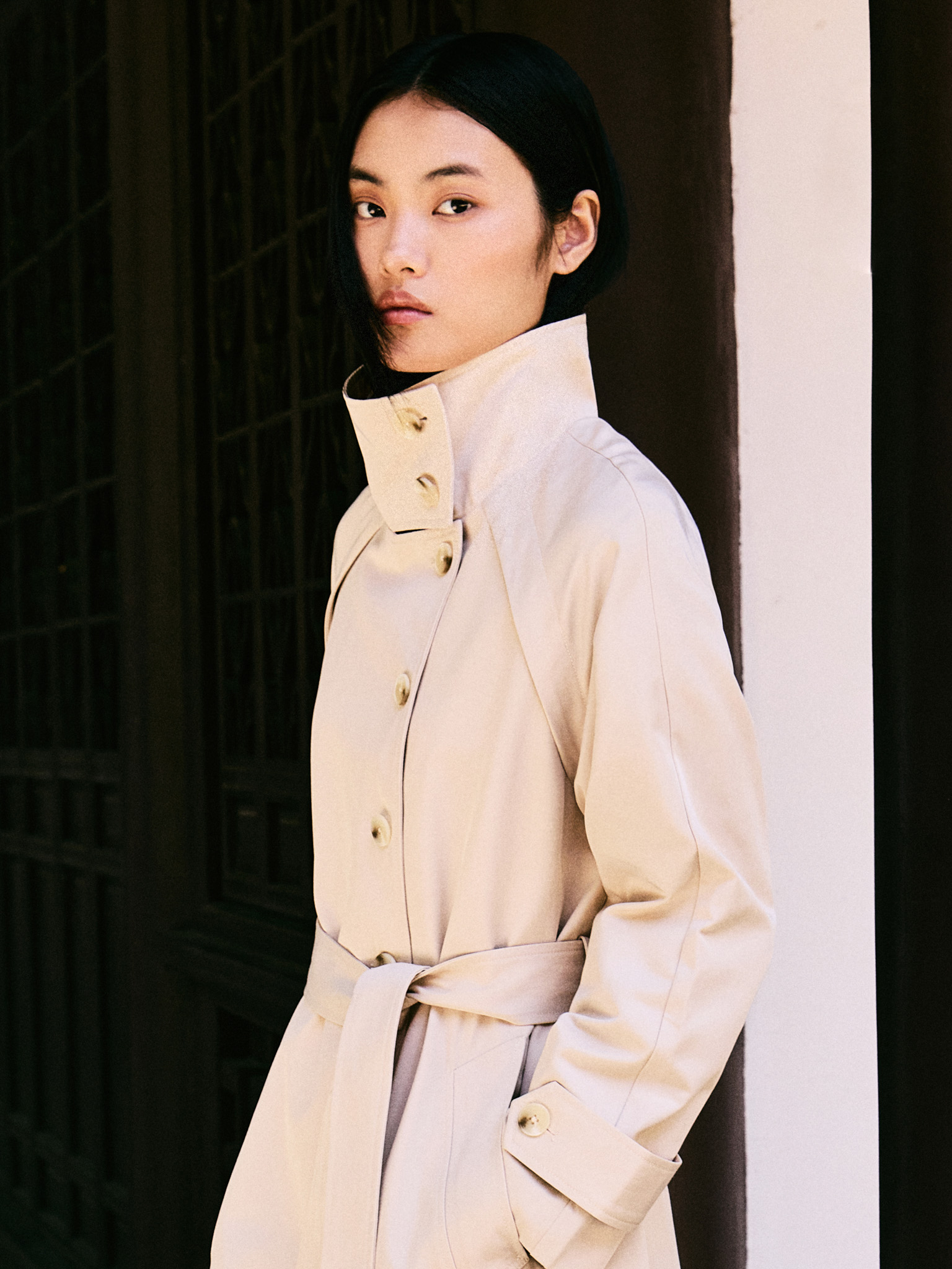 Loose midi trench coat with high collar
