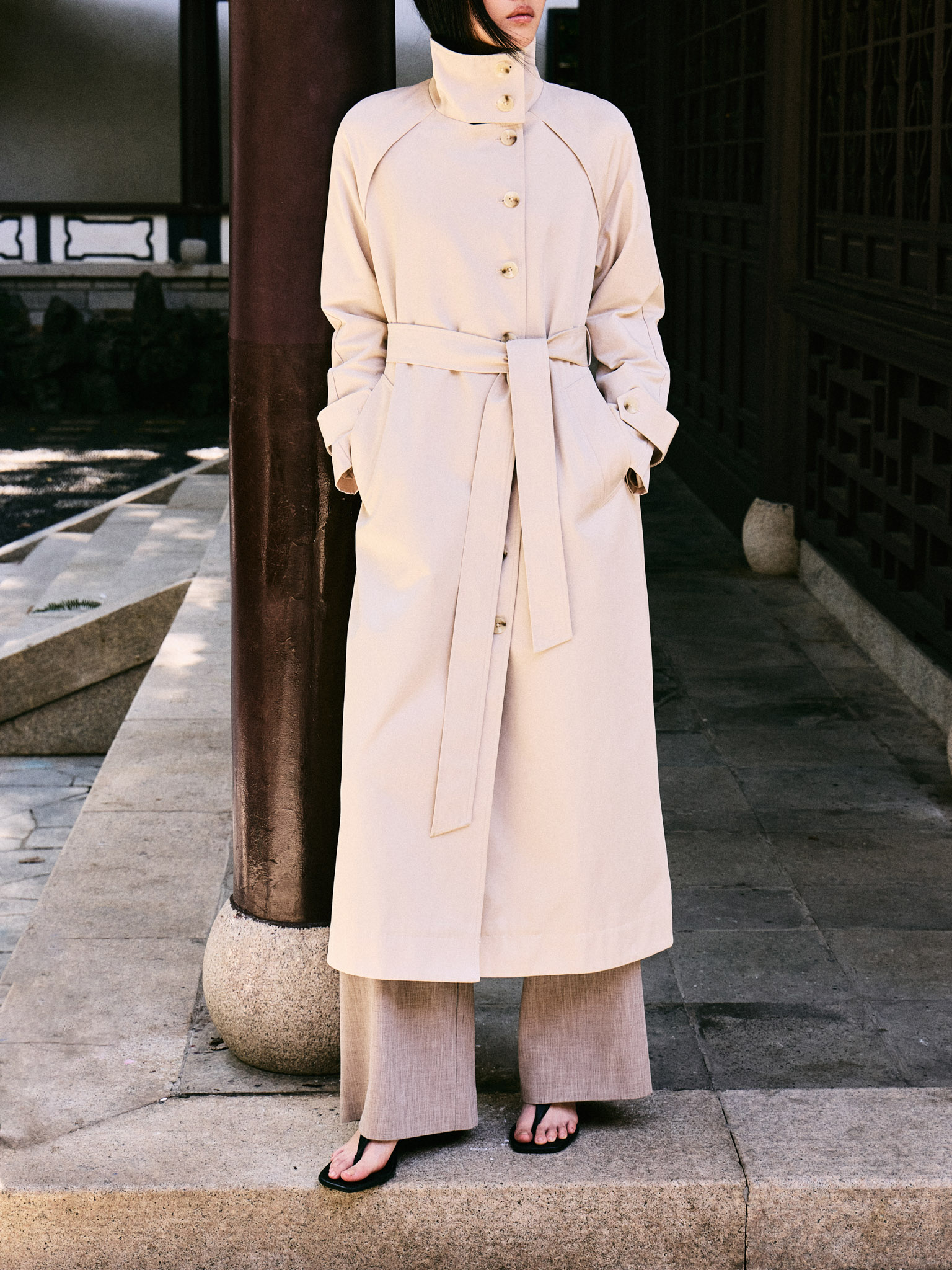 Loose midi trench coat with high collar