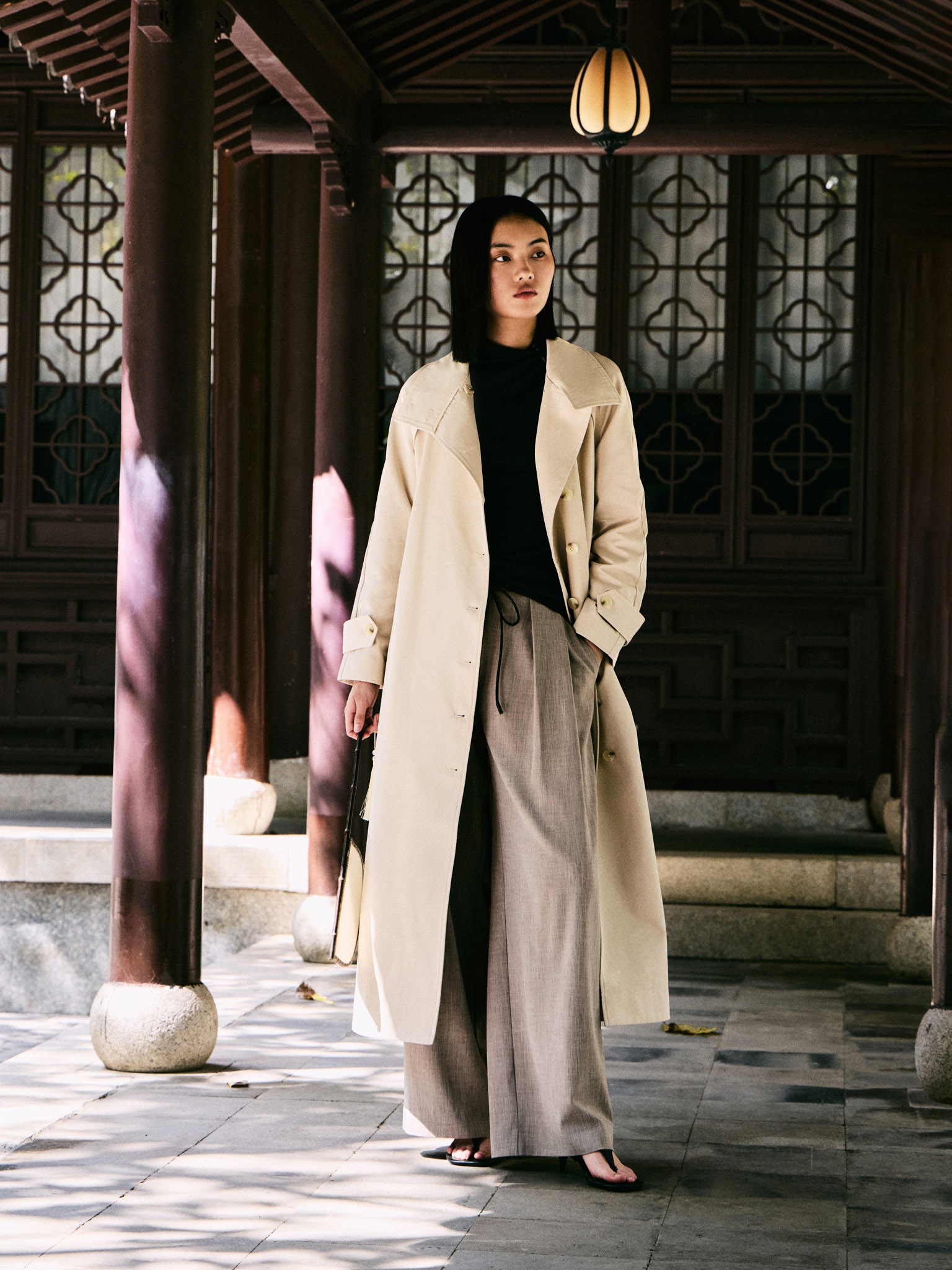 Loose midi trench coat with high collar