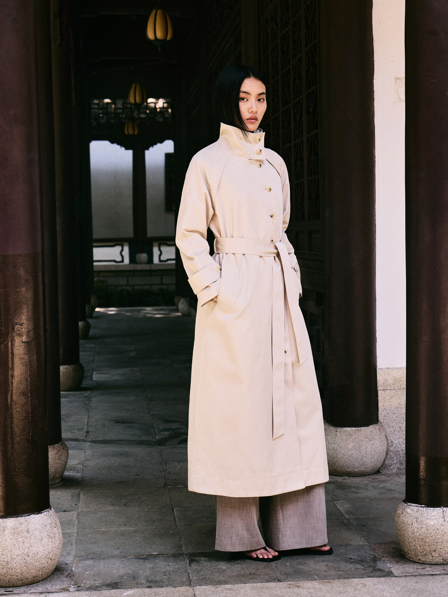 Loose midi trench coat with high collar