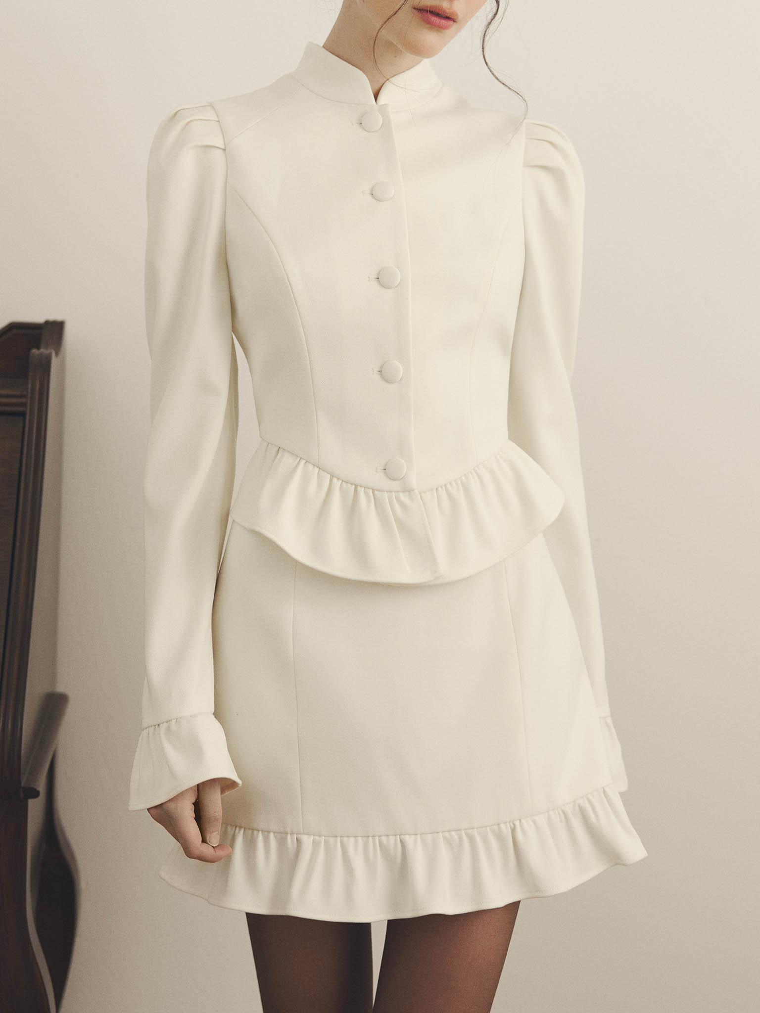 Fitted jacket with ruffles on the cuffs and bottom hem :: LICHI - Online  fashion store