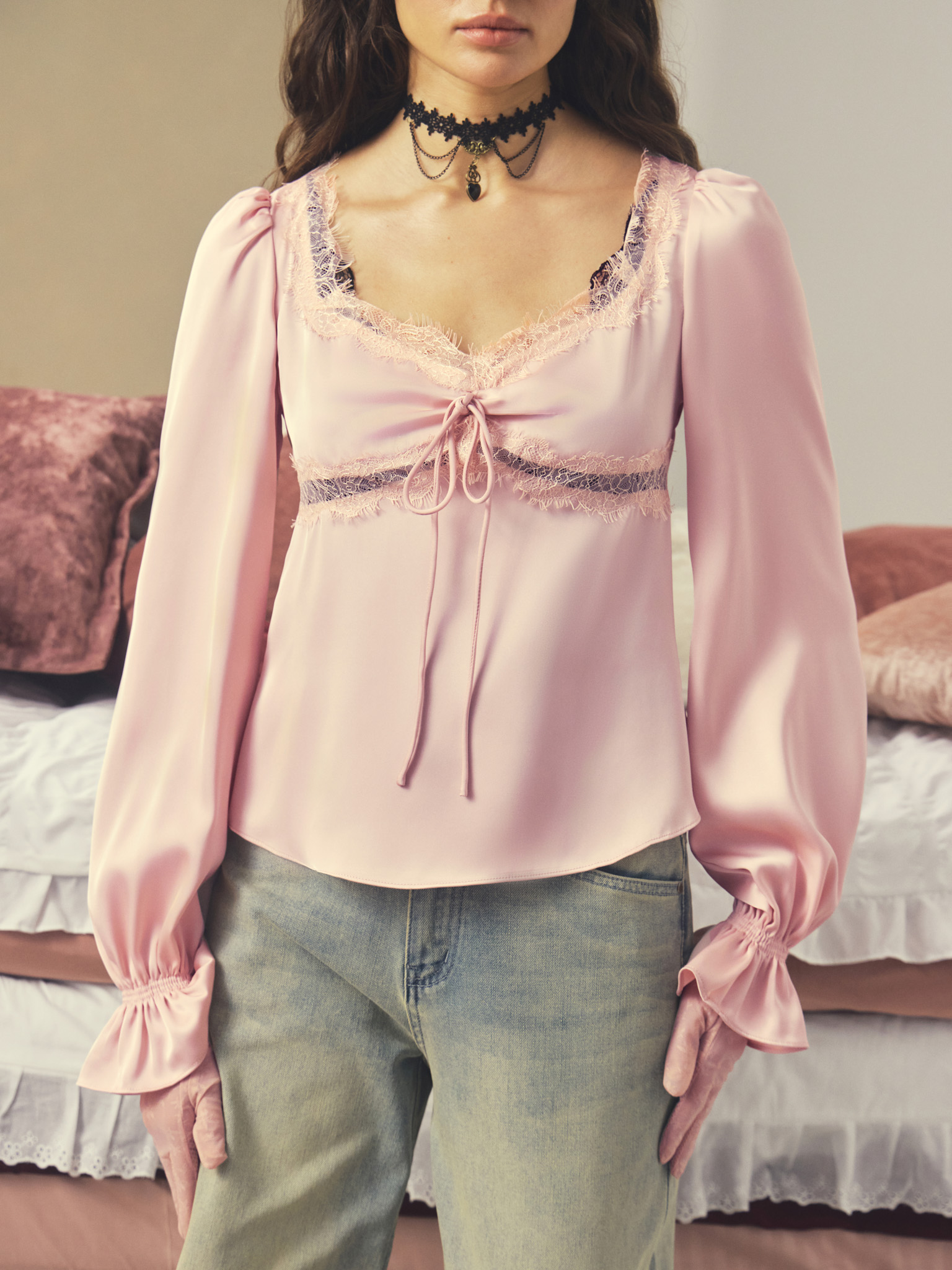 Satin blouse with lace trim