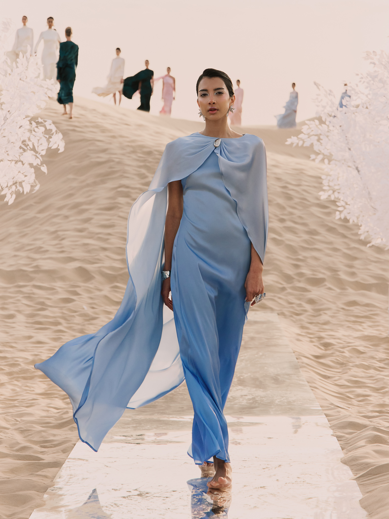 Shimmering maxi dress with cape and metallic detailing