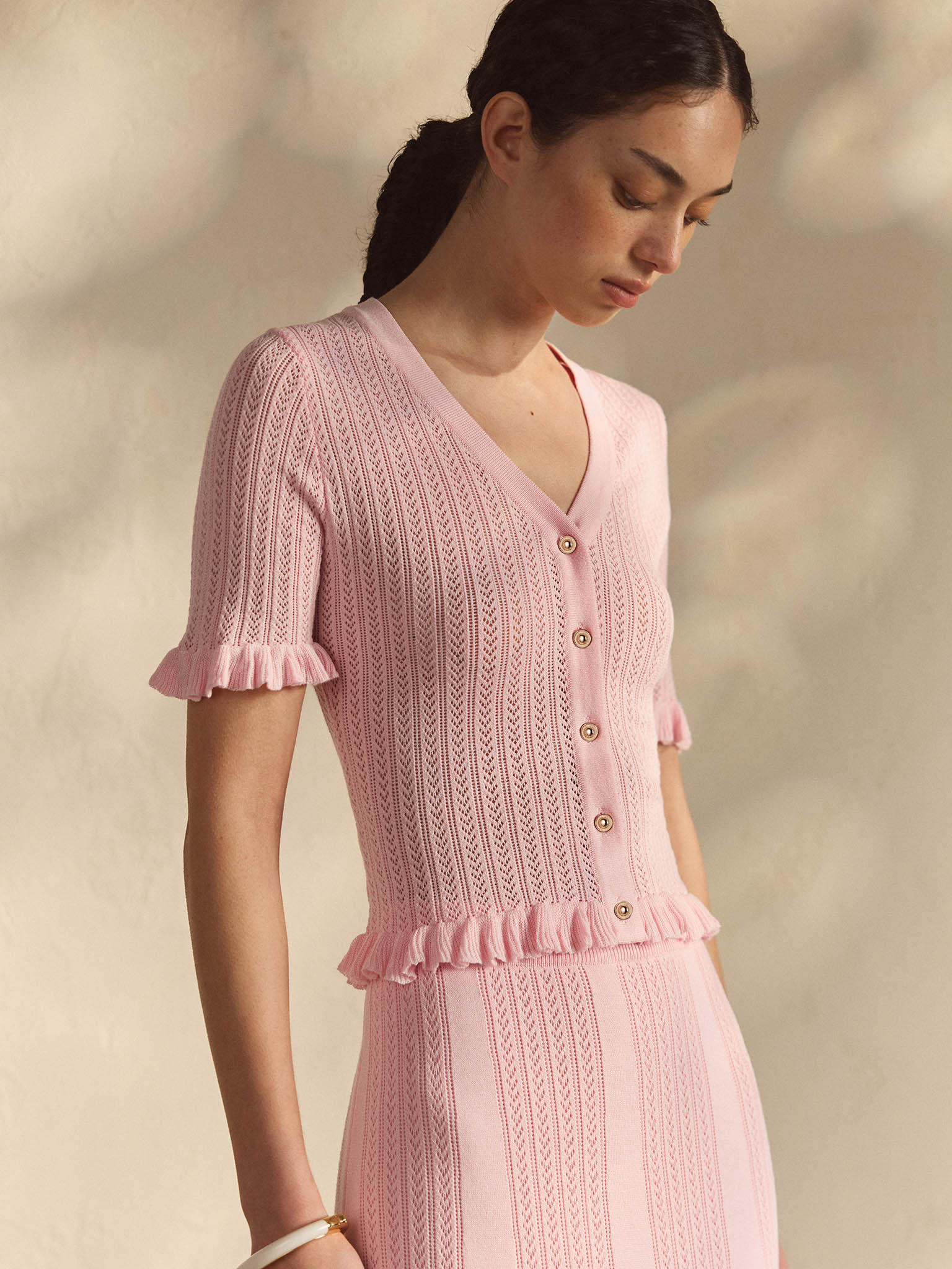 Openwork jersey top with short sleeves