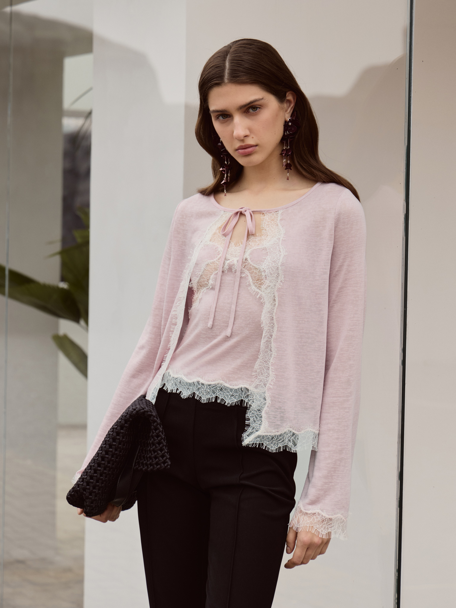 Jersey cardigan with lace trim and ties