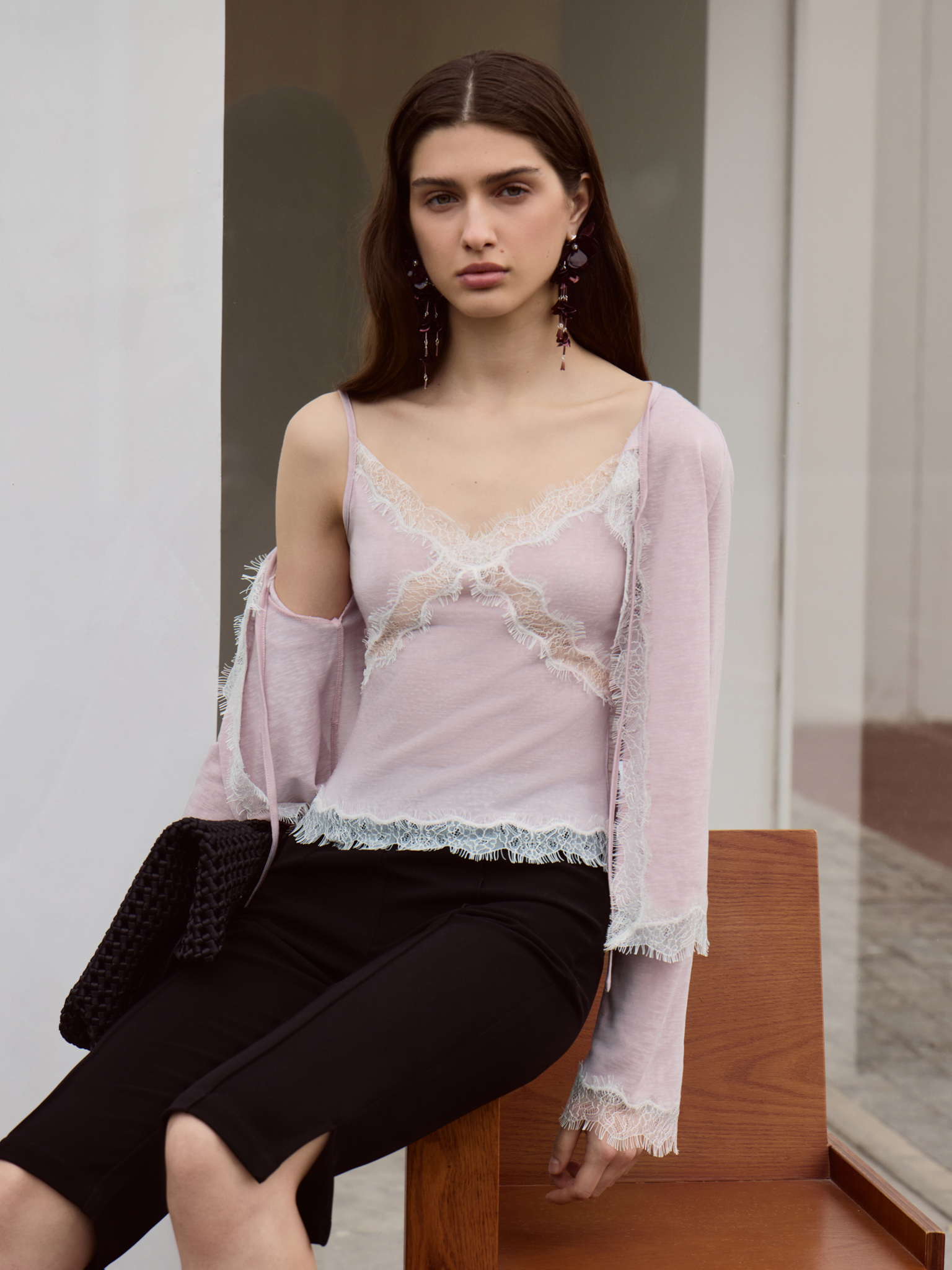 Jersey cardigan with lace trim and ties