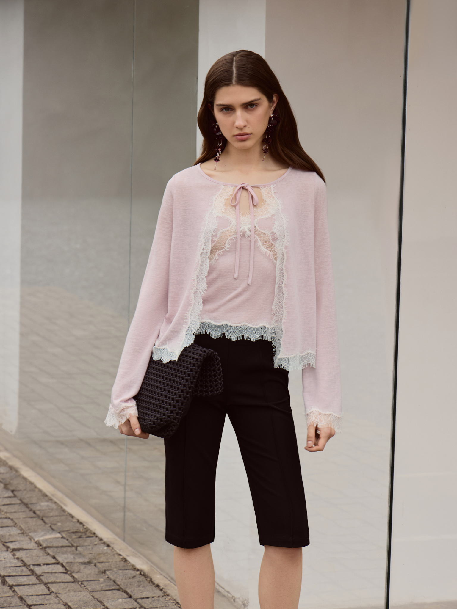 Jersey cardigan with lace trim and ties
