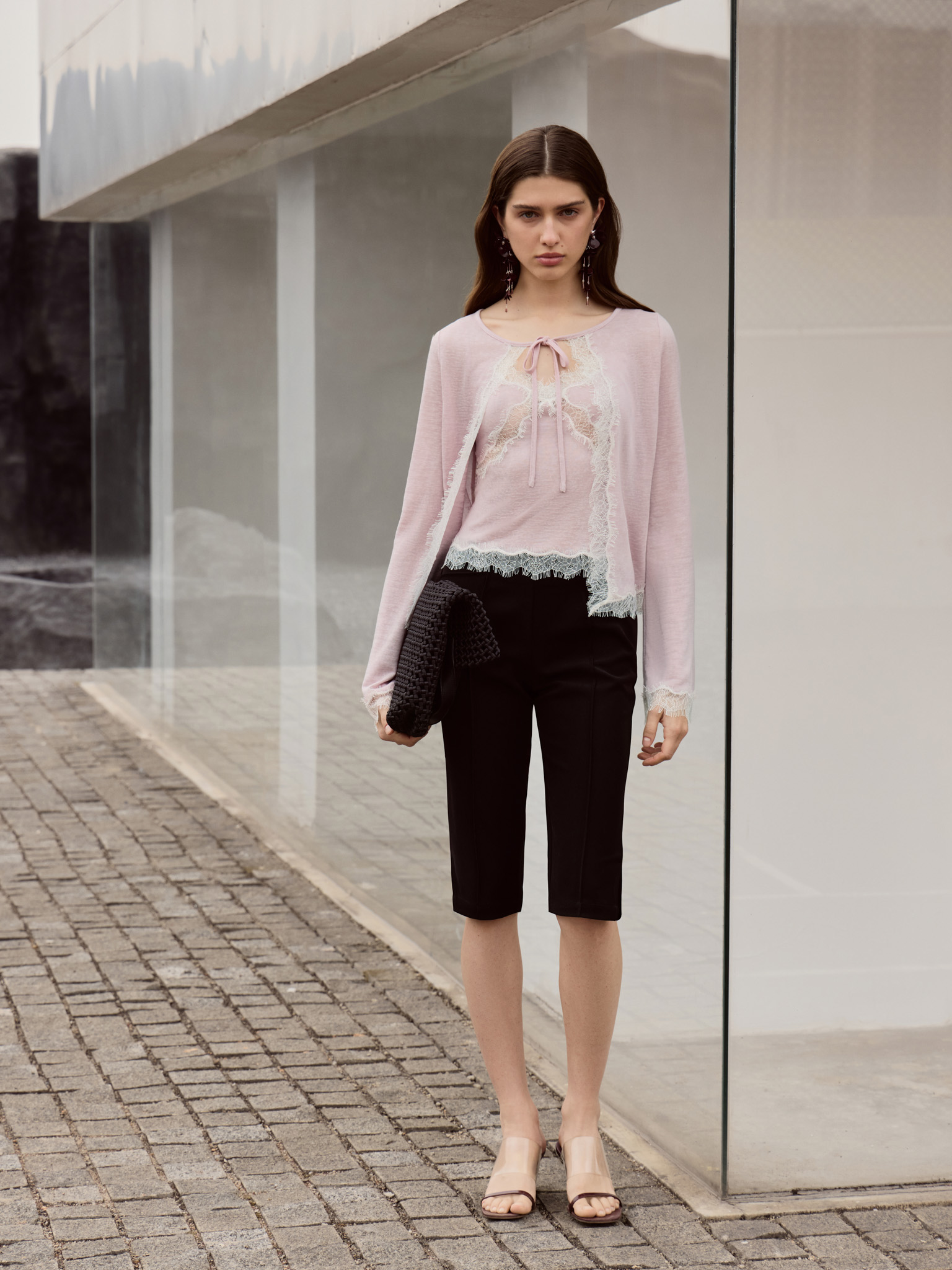 Jersey cardigan with lace trim and ties
