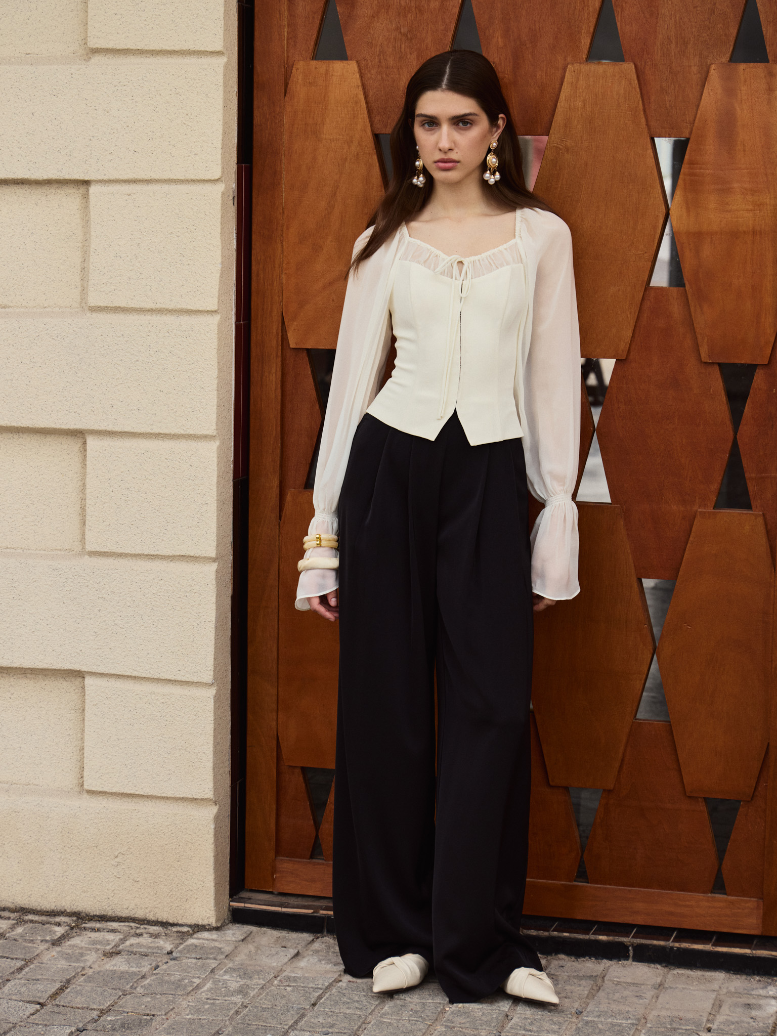 Lightweight blouse with gathered bodice and matching ties :: LICHI Lightweight blouse with gathered bodice and matching ties :: LICHI