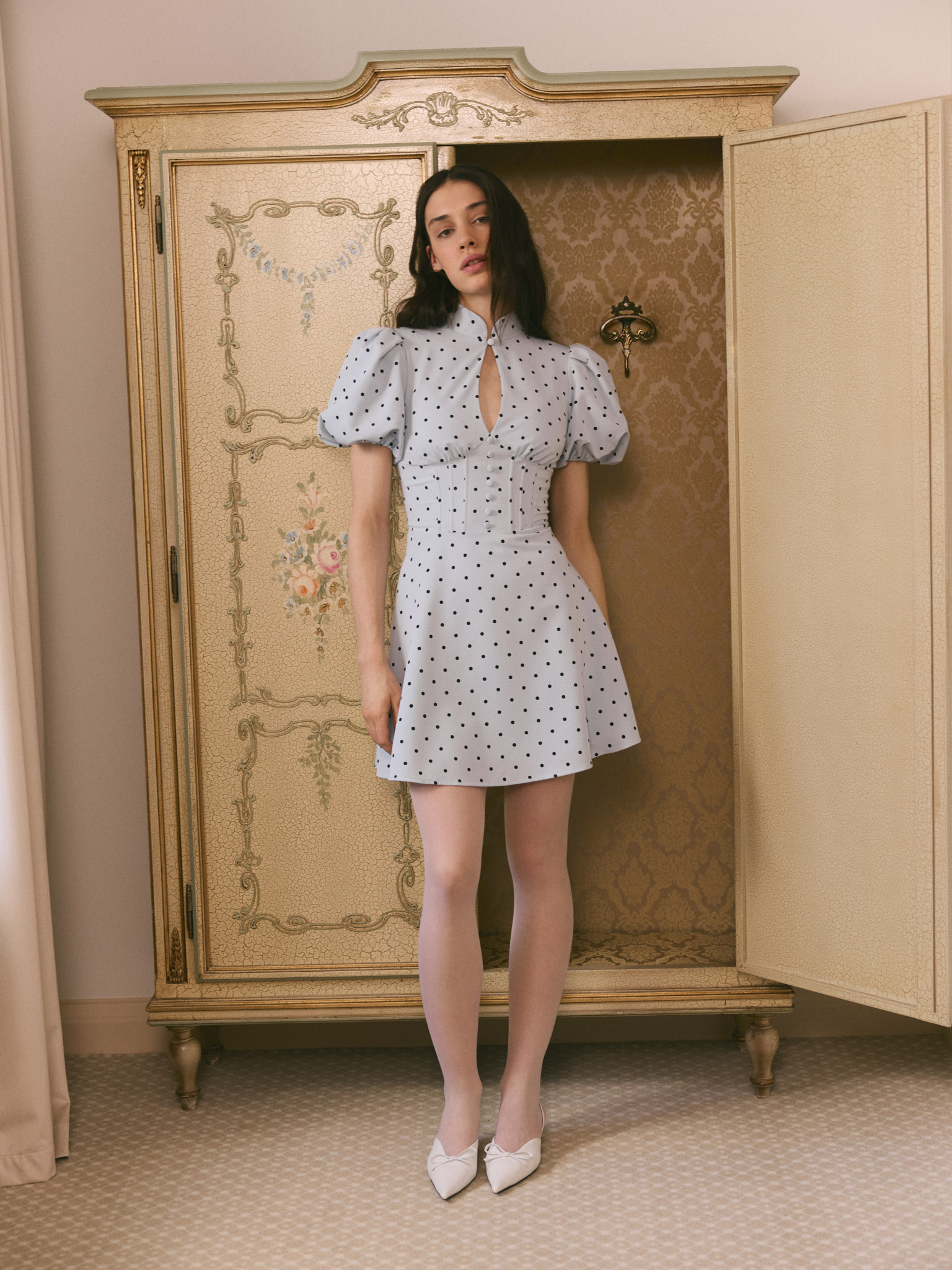 white polka dot mini dress Giovanna Mini Dress in Cream Polka Dot