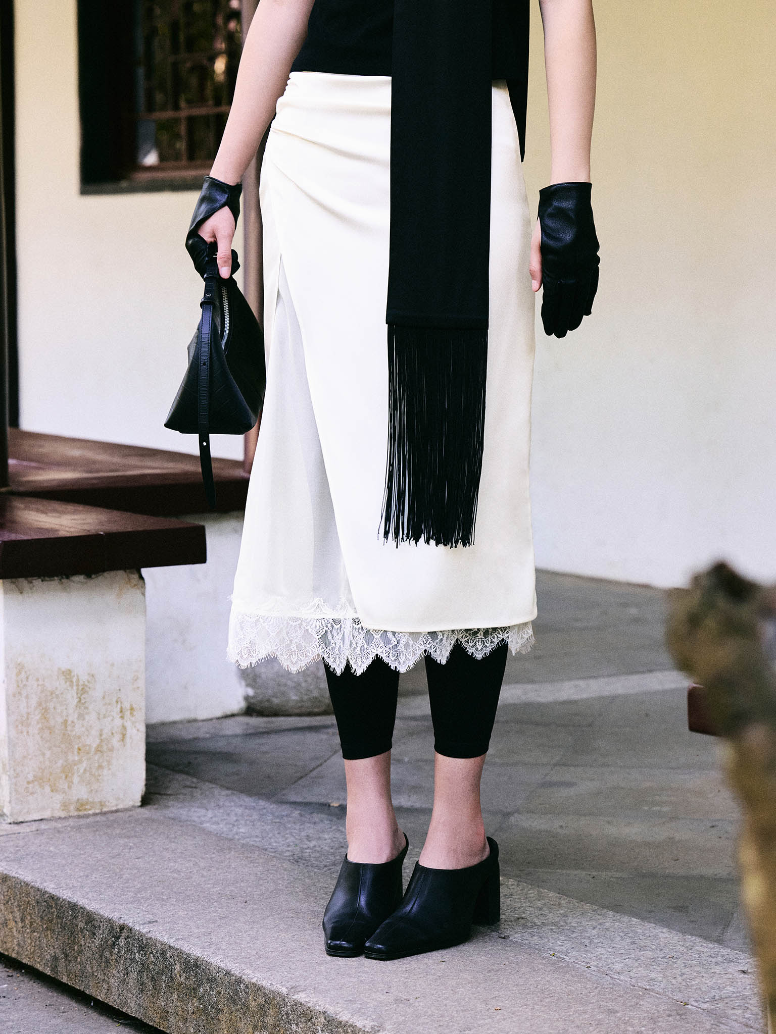 Satin midi skirt with lace trim